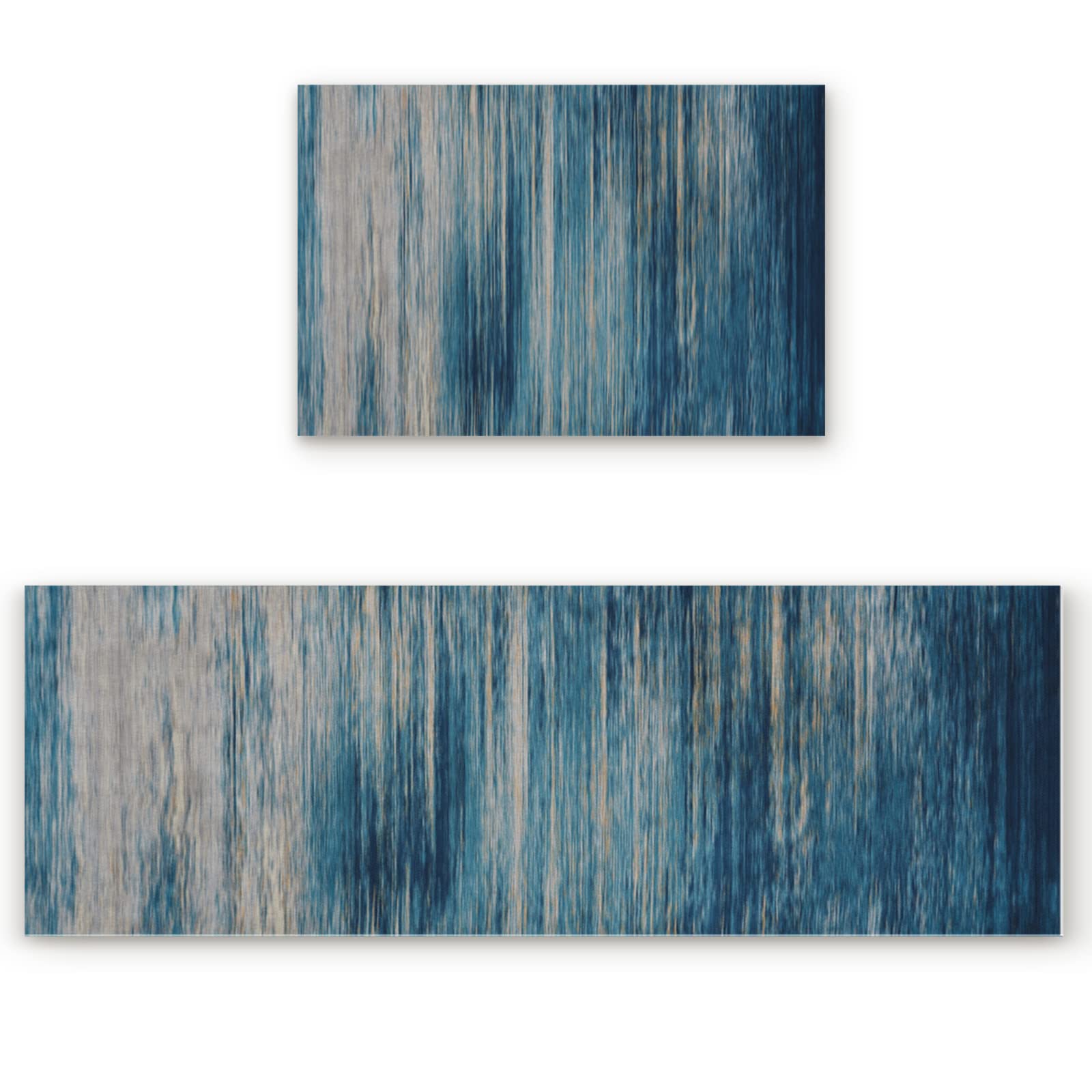 2-Piece Vintage Blue Kitchen Rugs Set - Soft, Absorbent & Washable - Cushioned Non-Slip Doormat for Kitchen, Bathroom, Bedroom & Laundry Room - Modern Abstract Art Design (20