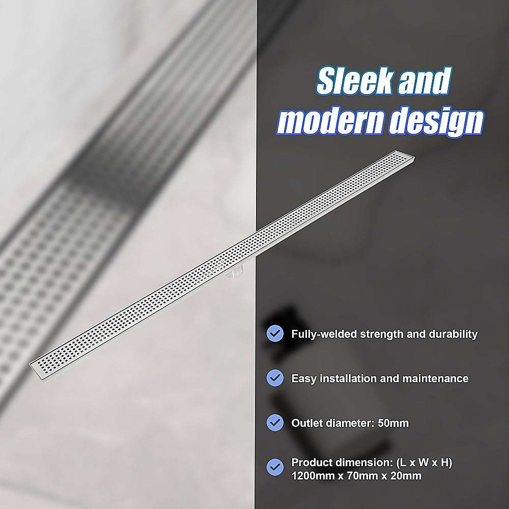 1200mm Stainless Steel Shower Drain Grate - Square Pattern with Center Outlet - Anti-Slip Bathroom Floor Waste Drain for Wet Rooms & Showers