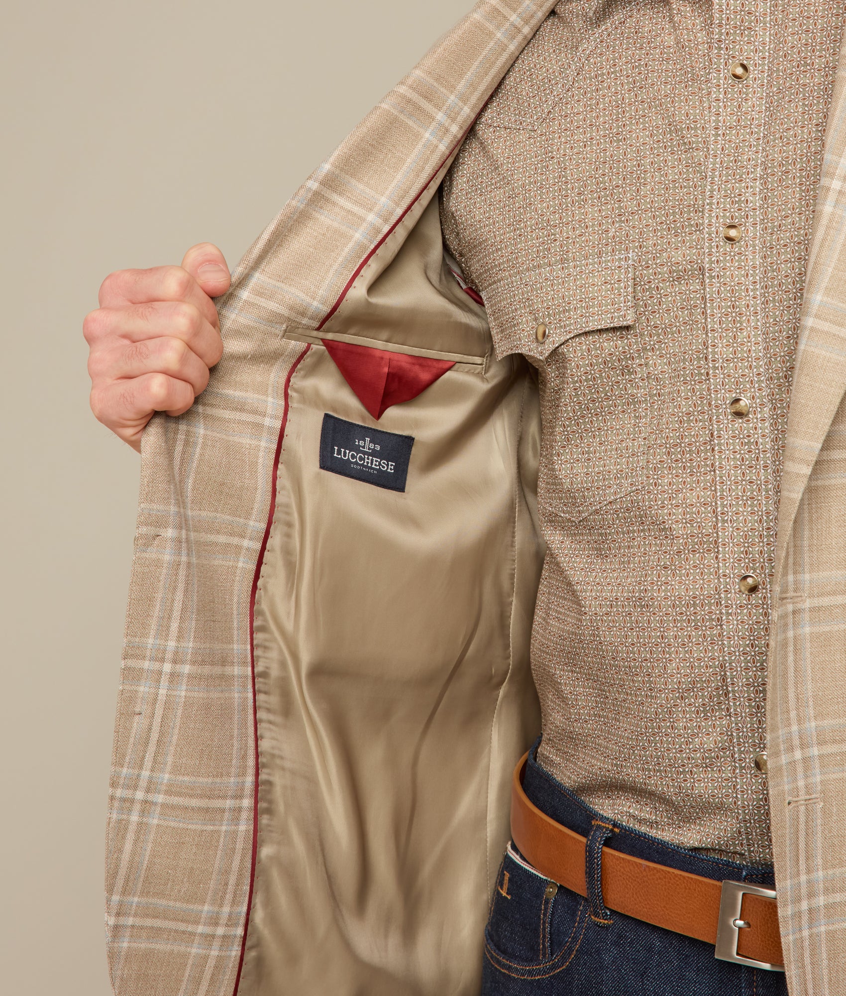 Lucchese Men's Beige & Light Blue Plaid Sport Coat - Classic Casual Blazer for Business, Office & Outdoor Events