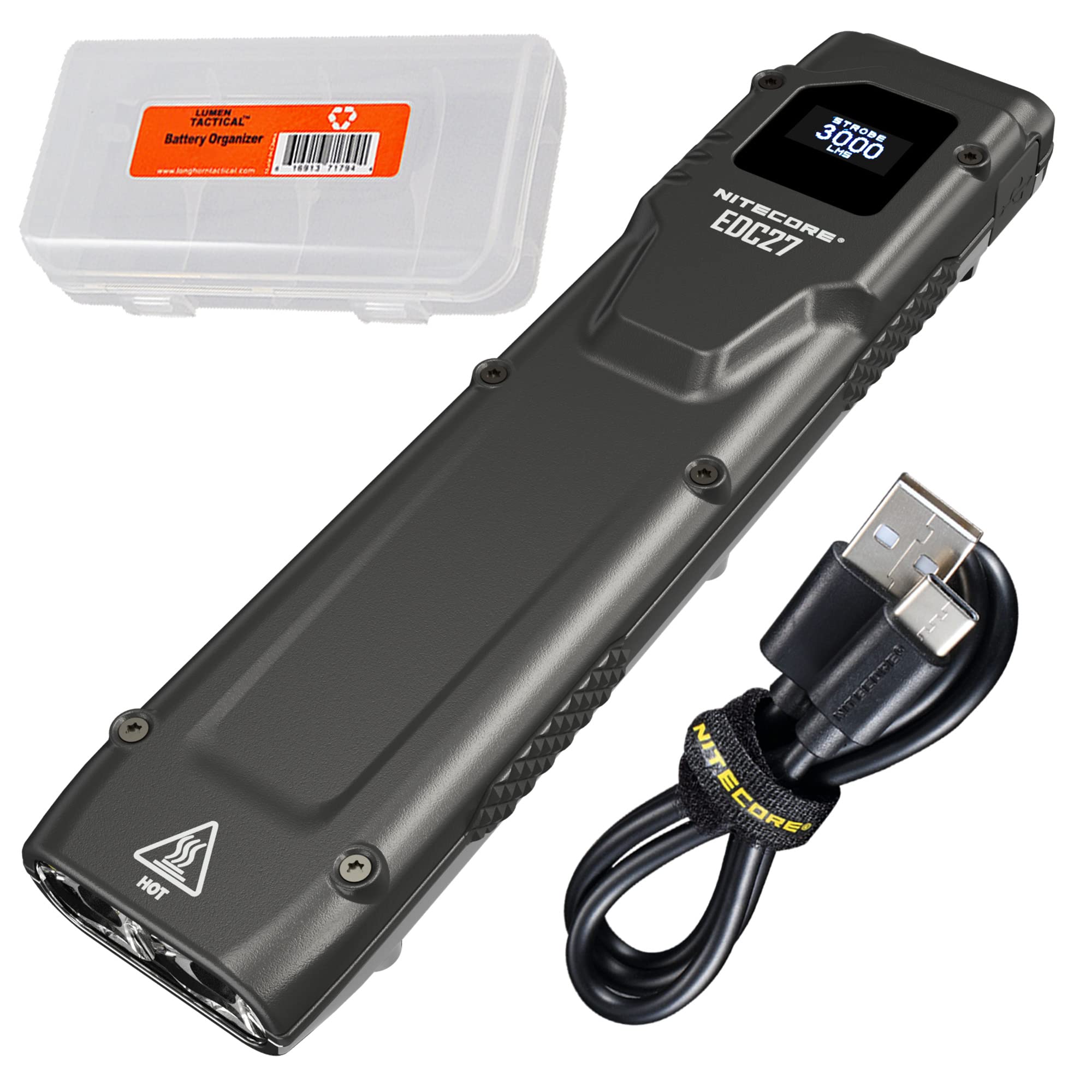 Nitecore EDC27 3000 Lumen Rechargeable Flashlight - Ultra Slim USB-C EDC Pocket Light with Digital Display & LumenTac Case | Perfect for Camping, Hiking, Emergency, and Everyday Carry
