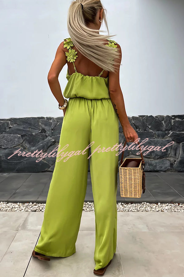 Solid Color Embroidered Flower Suspenders Casual Loose Jumpsuit for Women | Summer Boho Romper | Outdoor Music Festival & Beach Vacation Outfit