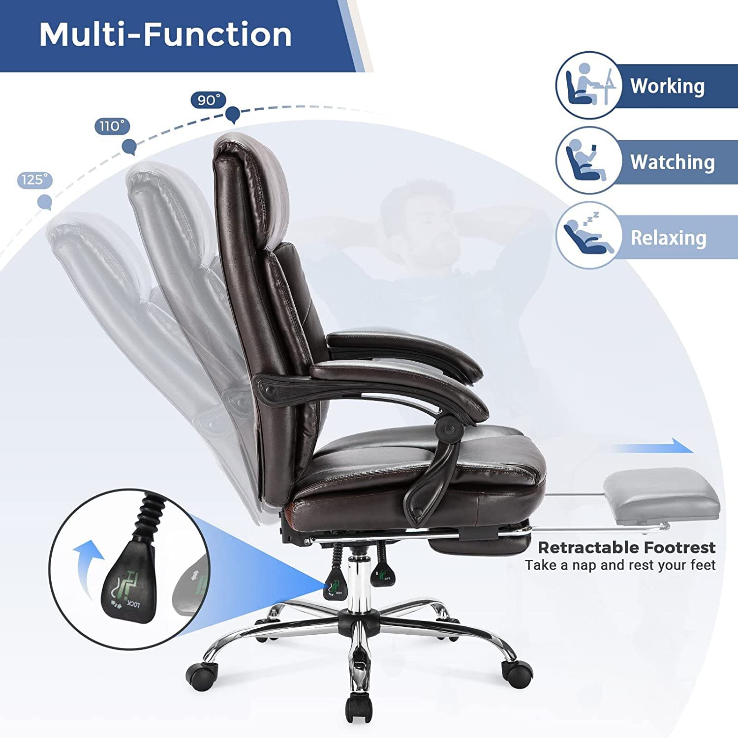 Premium Ergonomic Executive Office Chair - Big & Tall Leather Swivel Rolling Manager Chair with Adjustable High Back, Padded Armrests & Retractable Footrest - Perfect for Home Office, Gaming & Computer Workstations