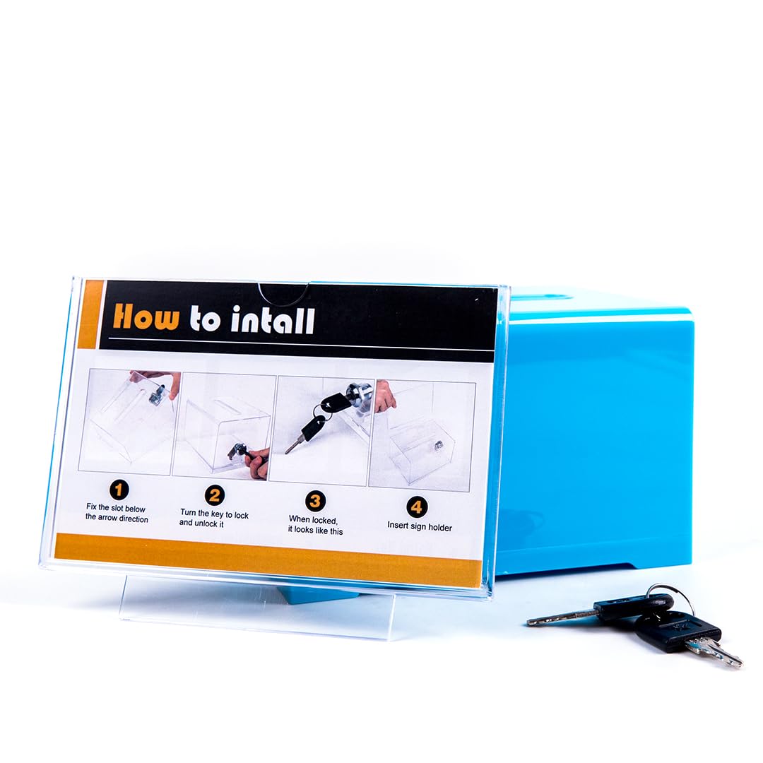 Acrylic Suggestion Box with Lock & Sign Holder - Secure Donation Box, Tip Jar, Ballot Box for Votes, Surveys, Raffles, Elections (6.2x4.7x4 Inch, Blue) - Perfect for Restaurants, Retail Stores & Community Events