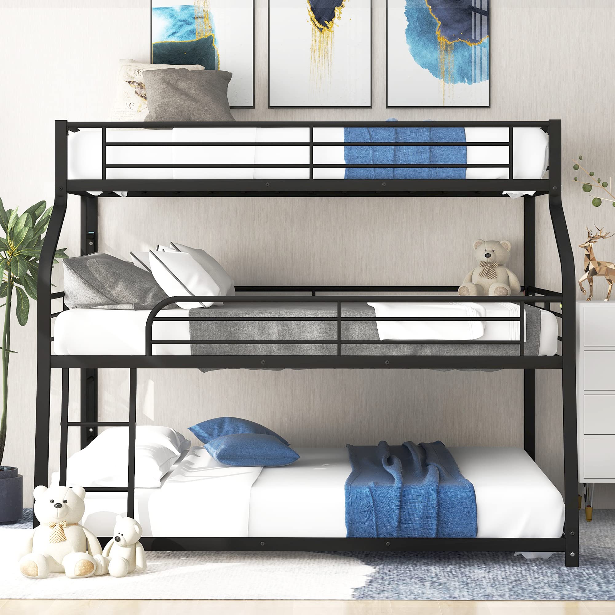 RUNNA Triple Bunk Bed Frame - Twin XL/Full/Queen Metal Bunk Bed with Safety Guardrails & Ladder Options for Kids, Teens & Adults | No Box Spring Required | Space-Saving Solution for Dorms, Kids' Rooms & Small Apartments (Black)