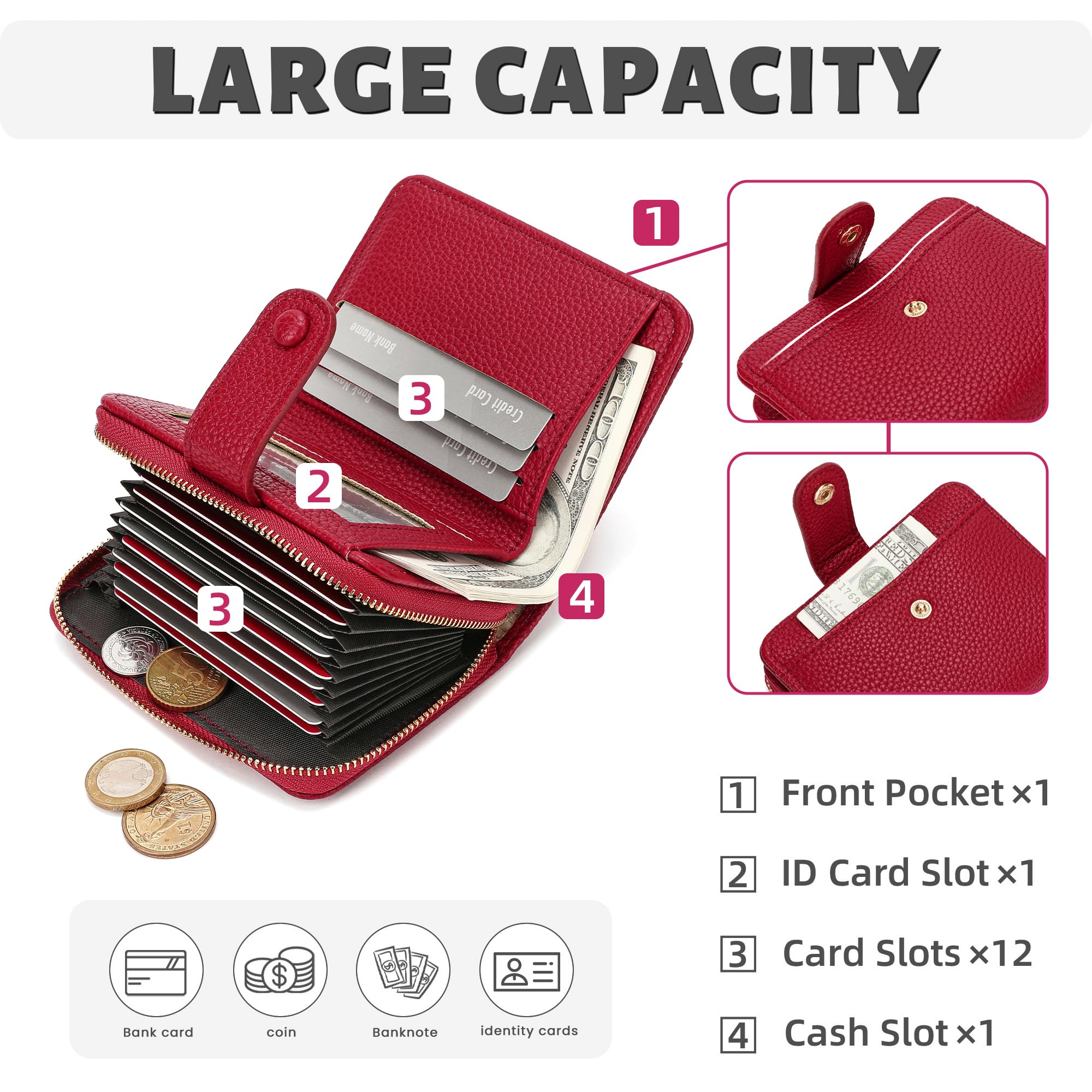 Mini Girl Bifold Credit Card Holder Wallet for Women - 16 Card Slots Zippered Card Case Organizer (Red) | Perfect for Everyday Use, Travel & Gift Giving