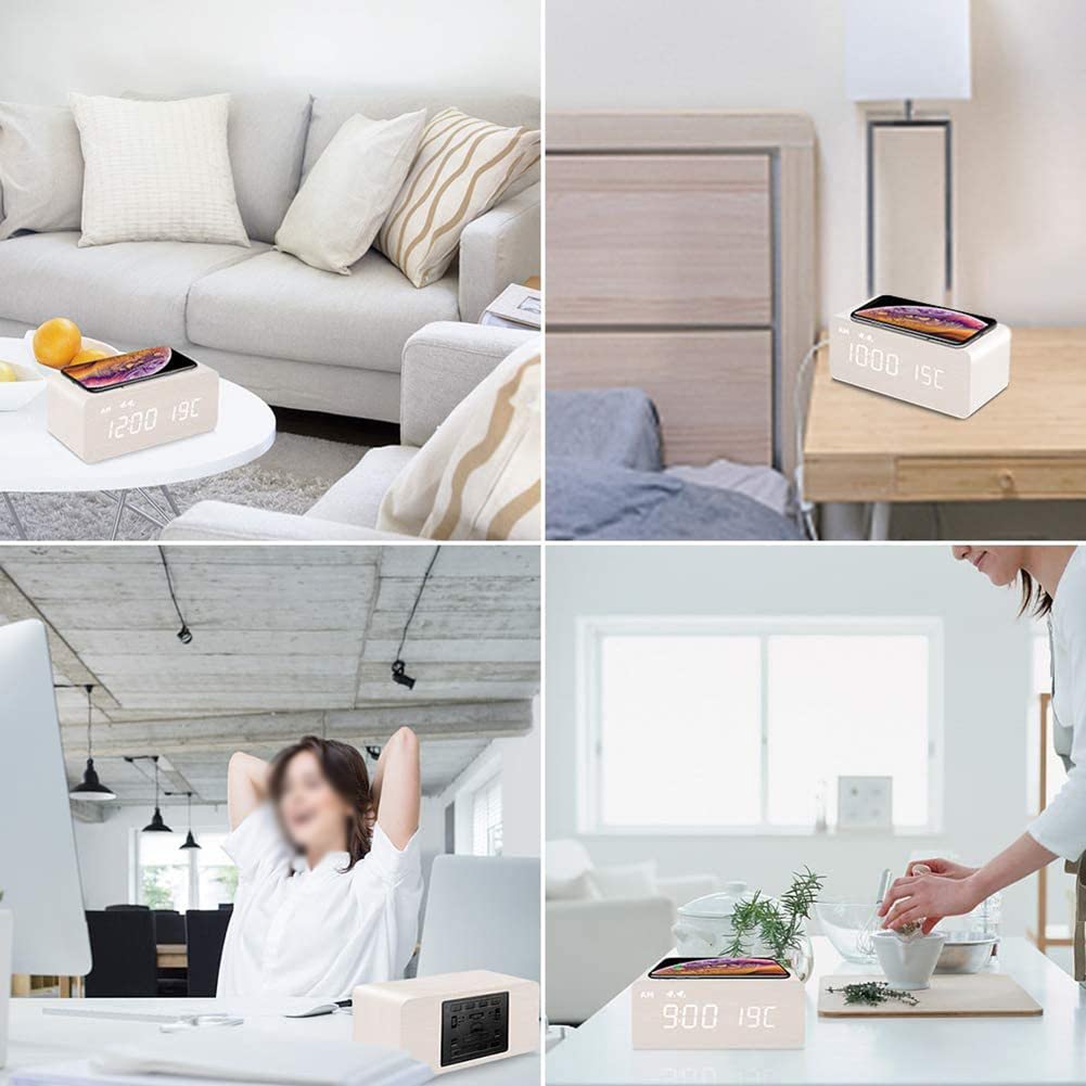 Wireless Charging Alarm Clock with Dimmable LED Display - USB Charger, Dual Alarm, Non-Ticking, Mains Powered - Perfect for Bedroom, Office, and Travel Use