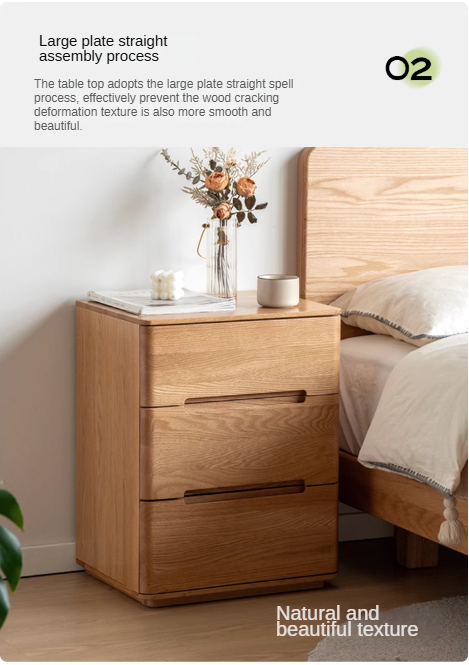 Solid Oak Wood 3-Drawer Nightstand with Lock - Bedside Table for Bedroom, Living Room & Office Storage