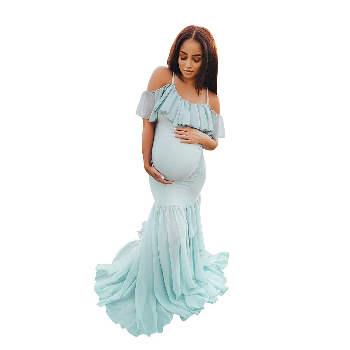 Elegant Women's Spaghetti Strap Ruffle Floral Lace Maternity Dress - Photoshoot & Baby Shower Gown | Mermaid Silhouette Off-Shoulder Pregnancy Dress for Special Occasions