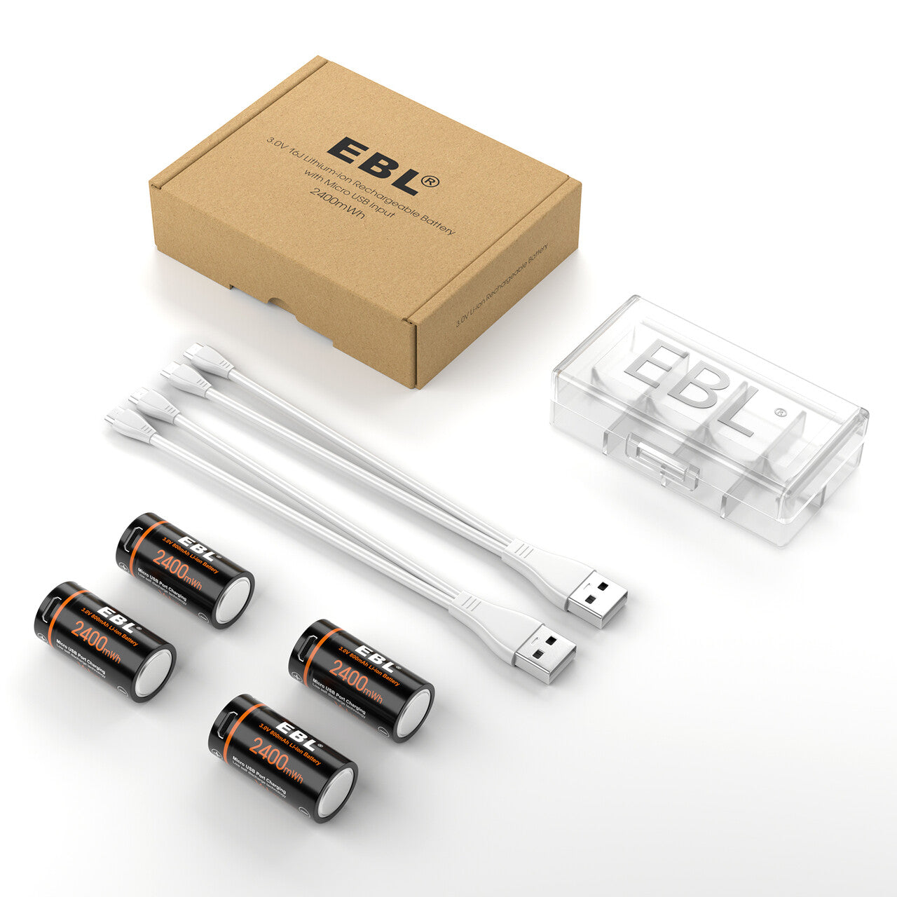 EBL 4 Pack CR123A 3V Lithium Battery 2400mWh High Capacity - Includes Micro USB Charging Cable - Perfect for Digital Cameras, Flashlights & Security Devices