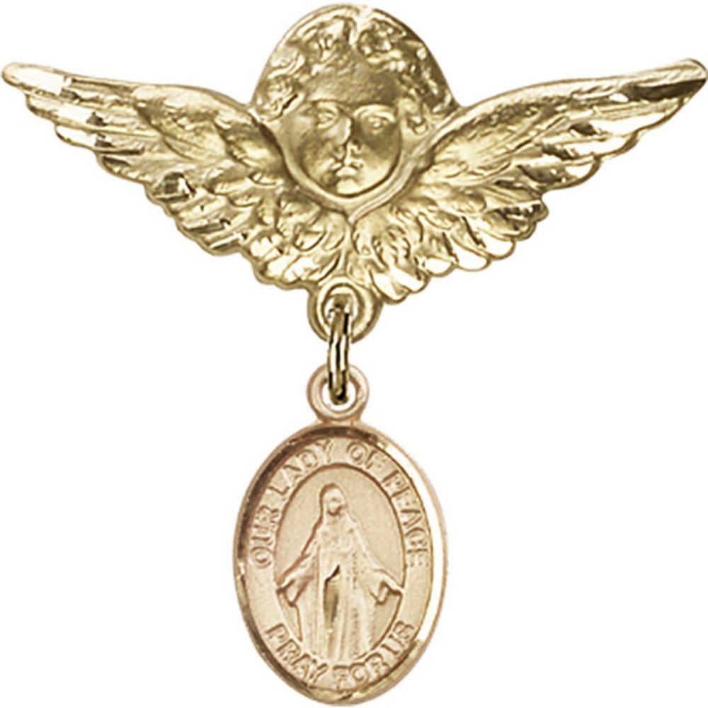 Gold Filled Religious Baby Badge Pin - Our Lady of Peace Charm & Angel with Wings - 1 1/8 X 1 1/8 Inch - Perfect for Baptism, First Communion & Baby Blessing Gifts