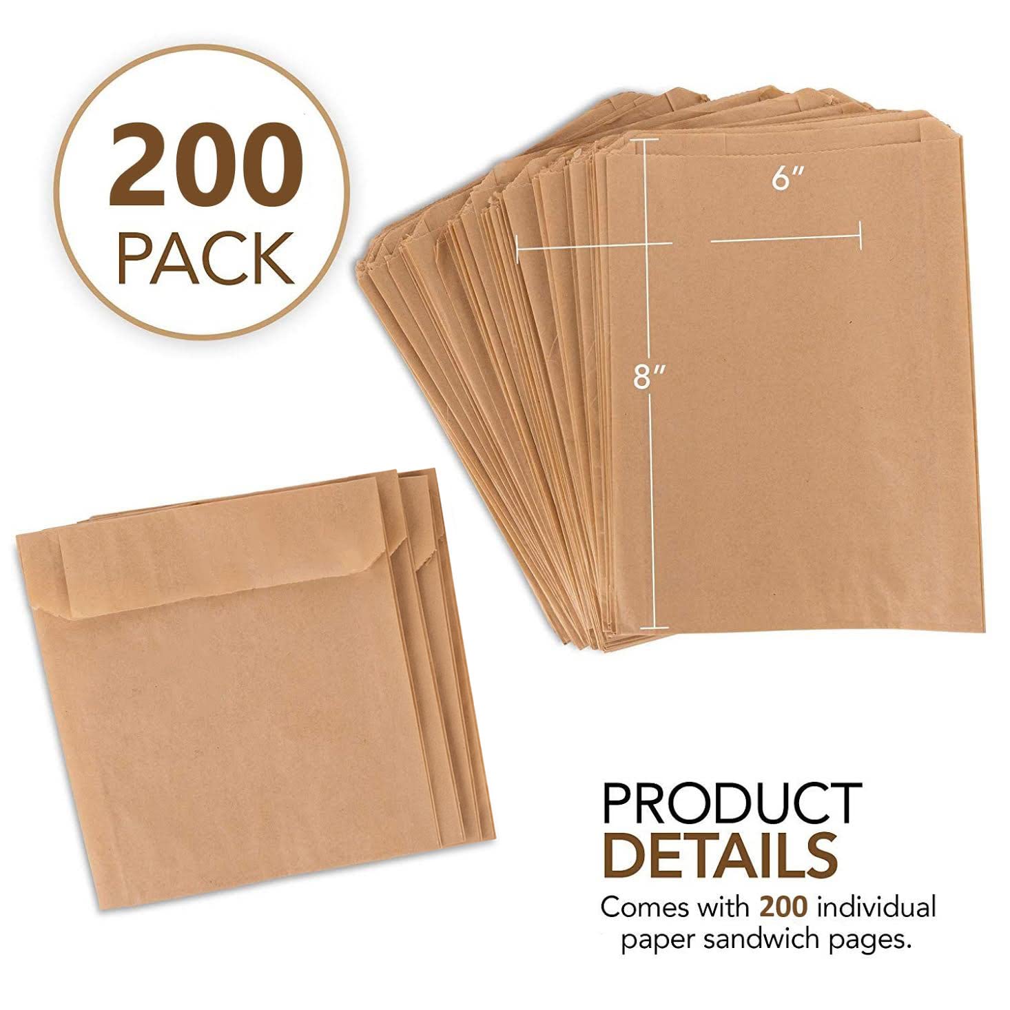 Eco-Friendly Kraft Paper Sandwich Bags 200 Pack - Biodegradable & Compostable Food Safe Lunch Bags for Bakery, Cookies, Snacks - Unbleached Natural Brown Sandwich Wrappers - Perfect for School Lunches, Picnics & On-the-Go Meals