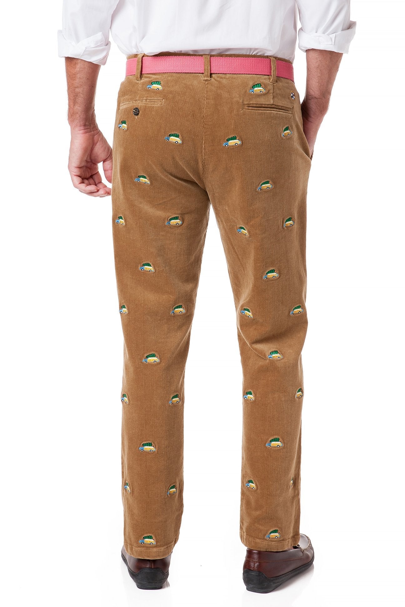 Beachcomber Cord Pants for Men - Khaki Corduroy Trousers with Woody & Christmas Tree Print | Casual Winter Wear for Holiday Outfits & Festive Gatherings