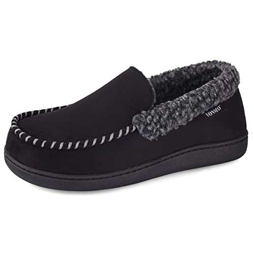 Men's Fuzzy Fleece Moccasin Slippers with Memory Foam - Comfortable Indoor/Outdoor House Shoes for Relaxing at Home, Lounging & Quick Errands
