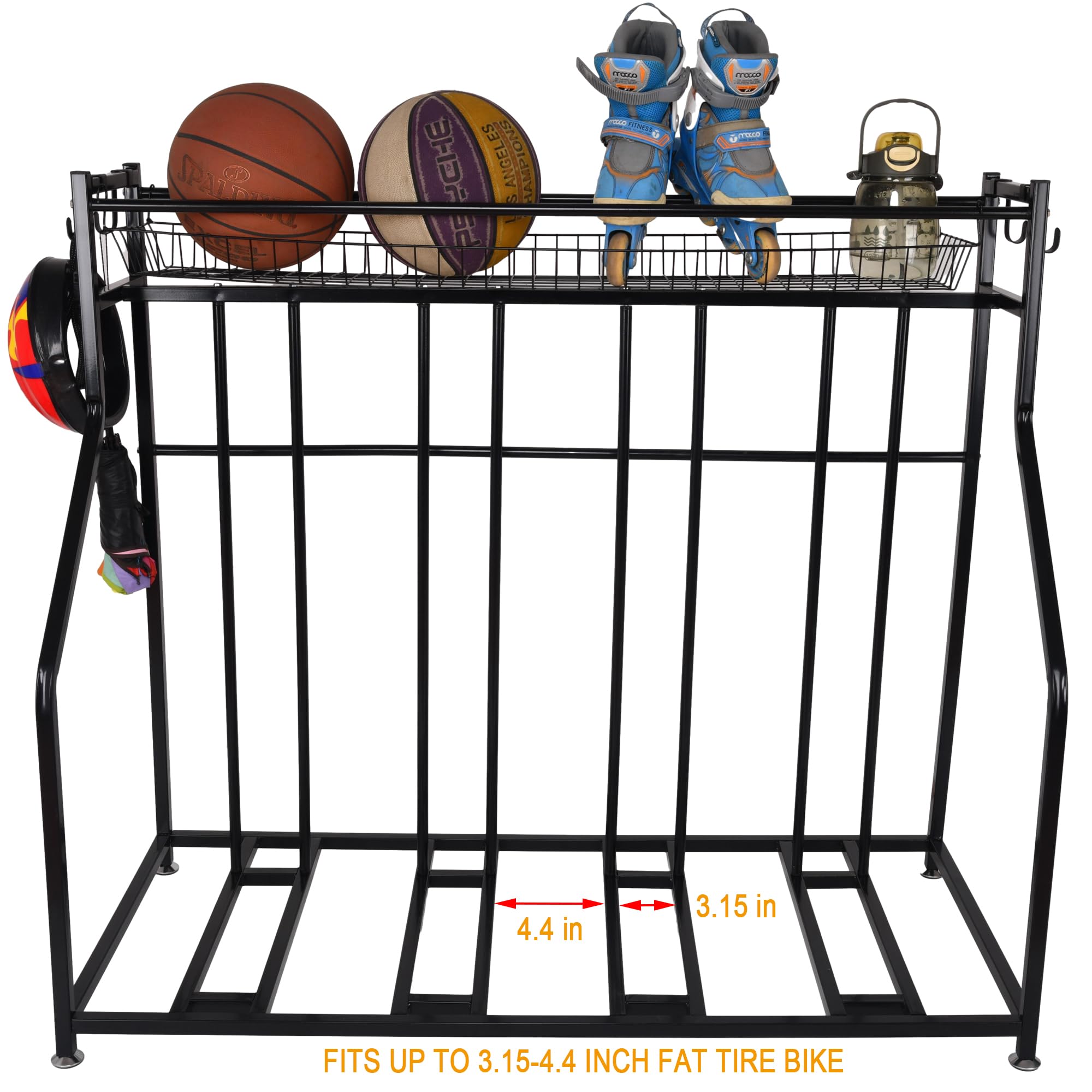 **Heavy Duty 4 Bike Rack Garage Stand - Adjustable Black Metal Floor Storage with Basket & Hooks - Fits 3