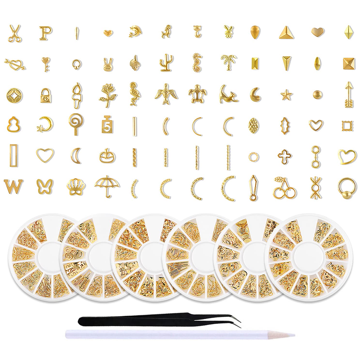 WOKOTO 6 Boxes Gold Nail Charms for Acrylic Nails - Metal Nail Studs, Nail Art Decorations with Flowers, Shells, Stars & Moons Designs | Perfect for DIY Nail Art, Manicures, Pedicures & Professional Salon Use