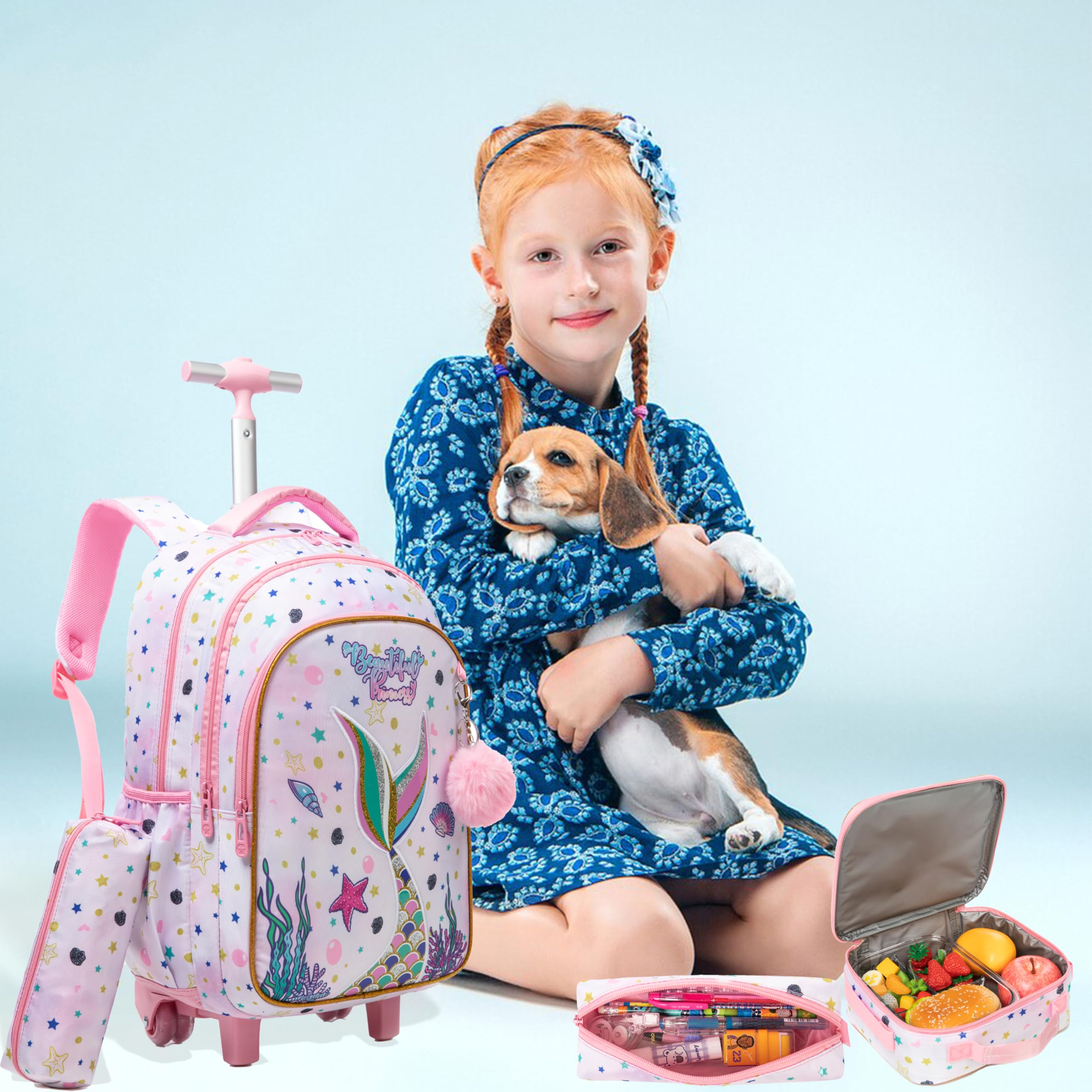 Egchescebo Mermaid Rolling Backpack for Girls - Pink Wheeled School Backpack with Lunch Box & Pencil Case, Multiple Compartment Travel Luggage for Elementary Students - Perfect for School, Travel, and Daily Use