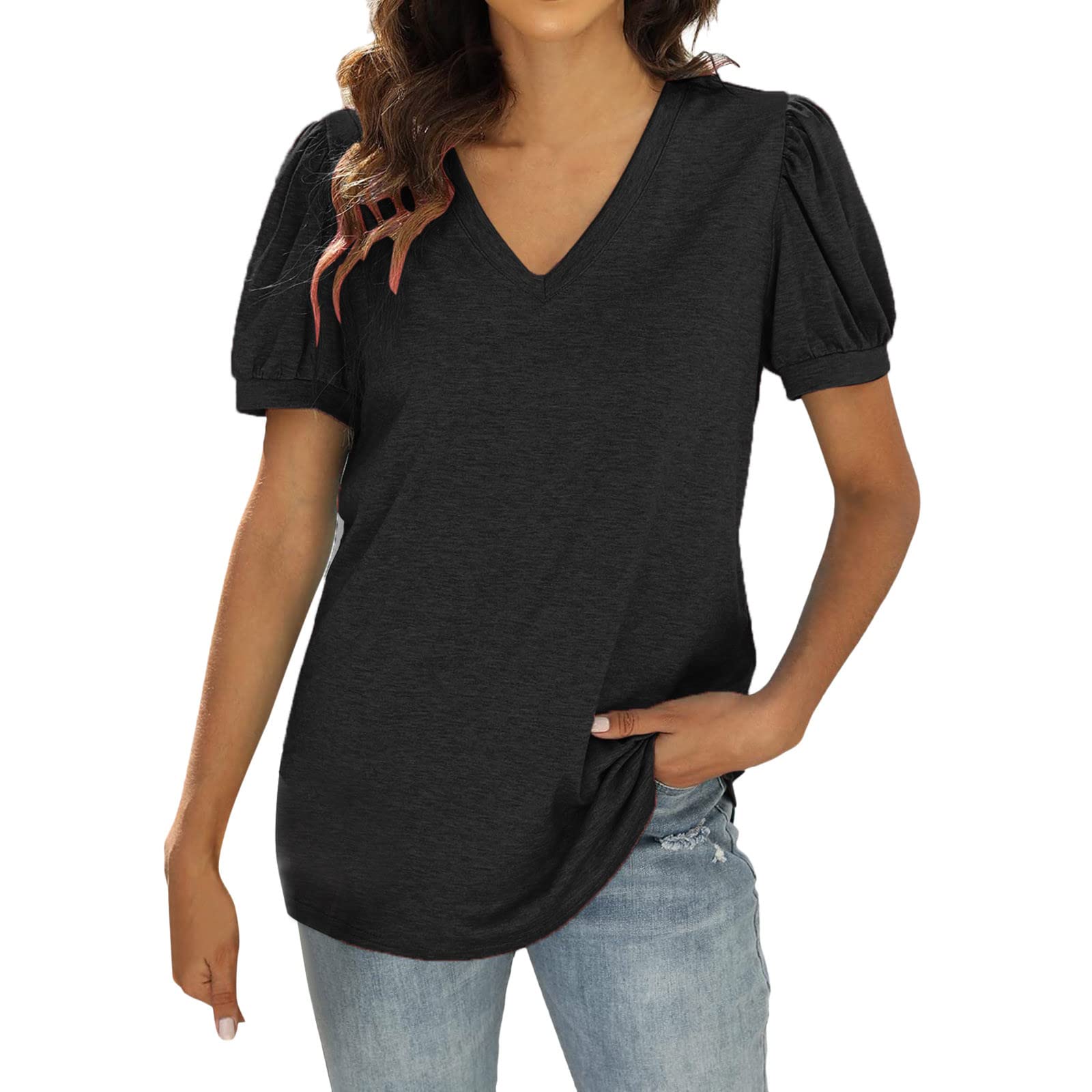 Women's Casual Solid Color V-Neck Short Sleeve T-Shirts - Summer Petal Sleeve Blouse for Everyday Wear, Work & Weekend Outfits