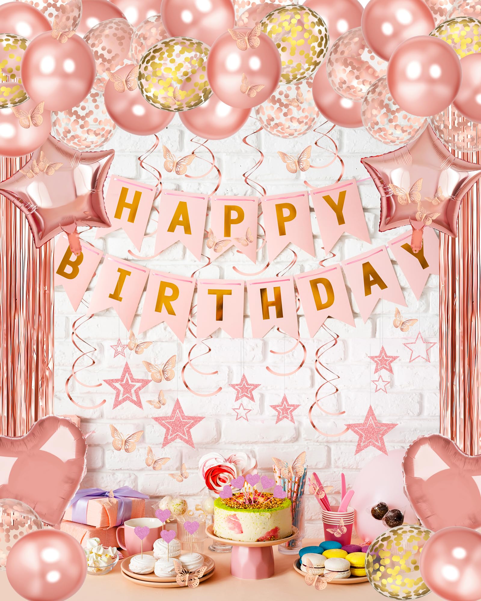 Rose Gold Happy Birthday Party Decorations Set - Birthday Banner, Foil Heart Star Confetti, Balloons, Backdrop & Hanging Swirls for Girls, Women, Princess | Perfect for Birthday Parties, Baby Showers, Bridal Showers & Special Celebrations