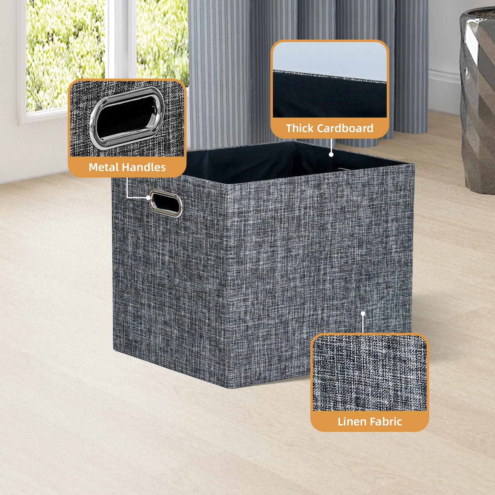 13x15x13 Foldable Fabric Storage Cube Bins with Handles - 4 Pack Black Linen Storage Baskets for Shelves, Closet, Wardrobe & Bookcase Organization - Perfect for Bedroom, Kids Room & Home Storage Solutions