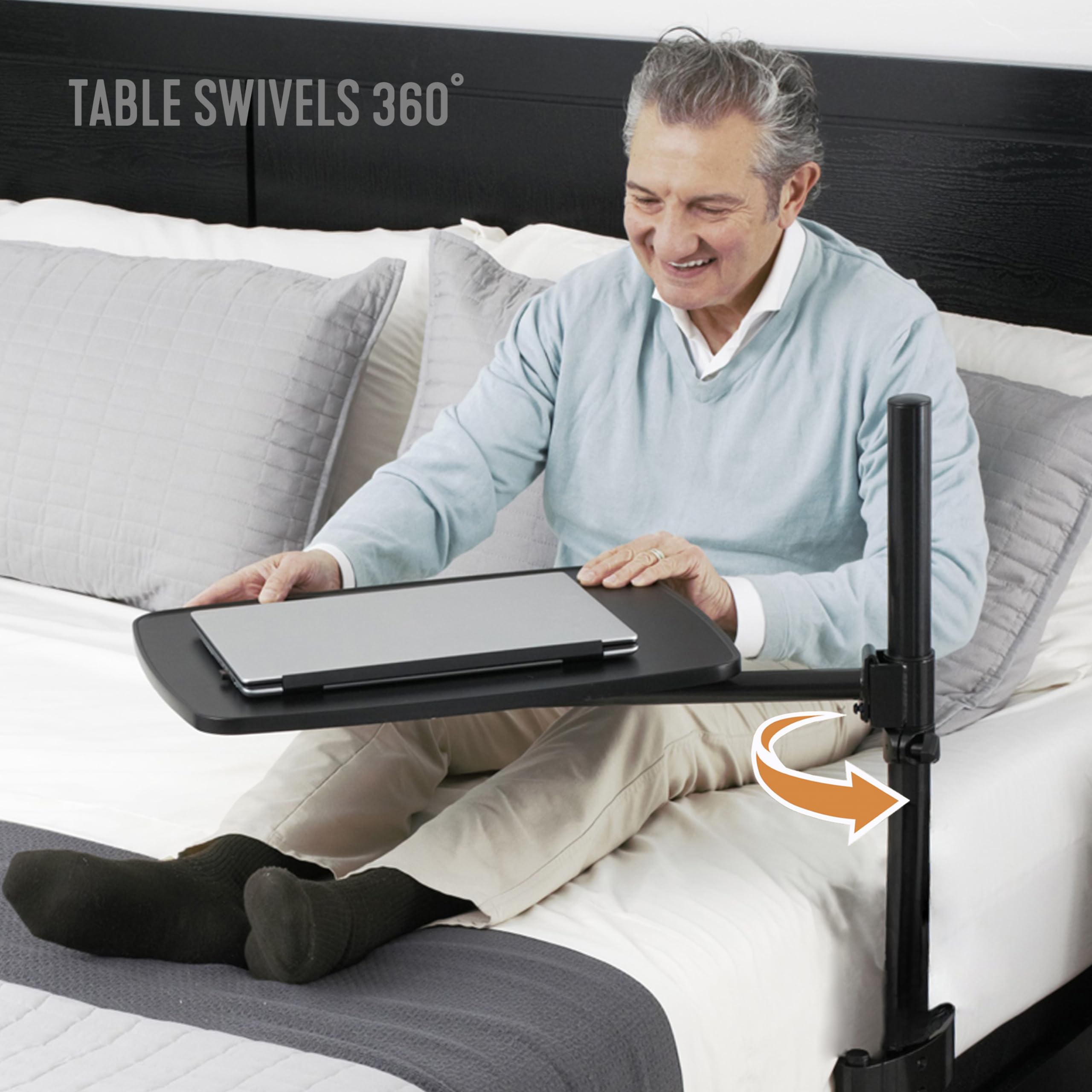 Adjustable Overbed Table with 360° Swivel Tray - Universal Medical Lap Desk, Large Bedside Tray & Laptop Stand for Home, Hospital, or Office Use - Black