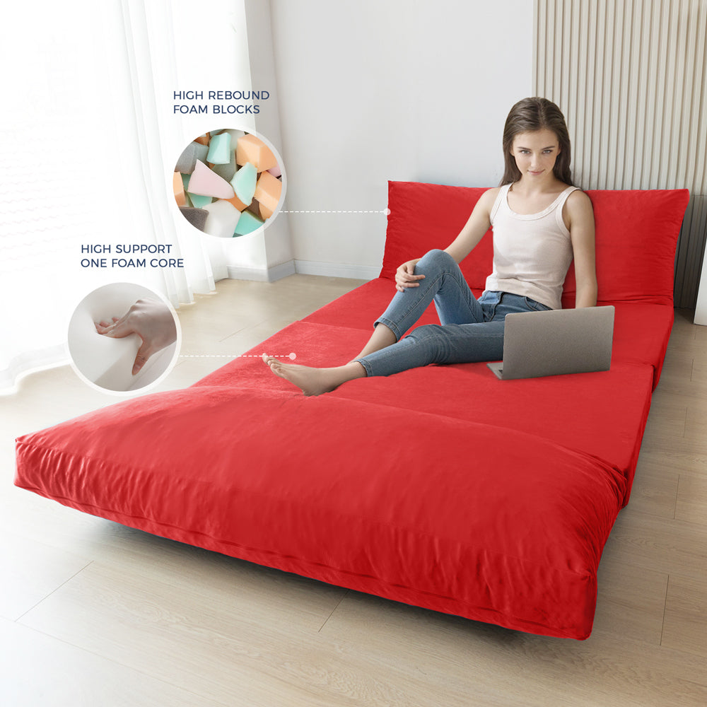 MAXYOYO Velvet Bean Bag Folding Sofa Bed - Washable Cover for Adults, Red | Comfortable Floor Seating for Living Room, Bedroom & Game Room