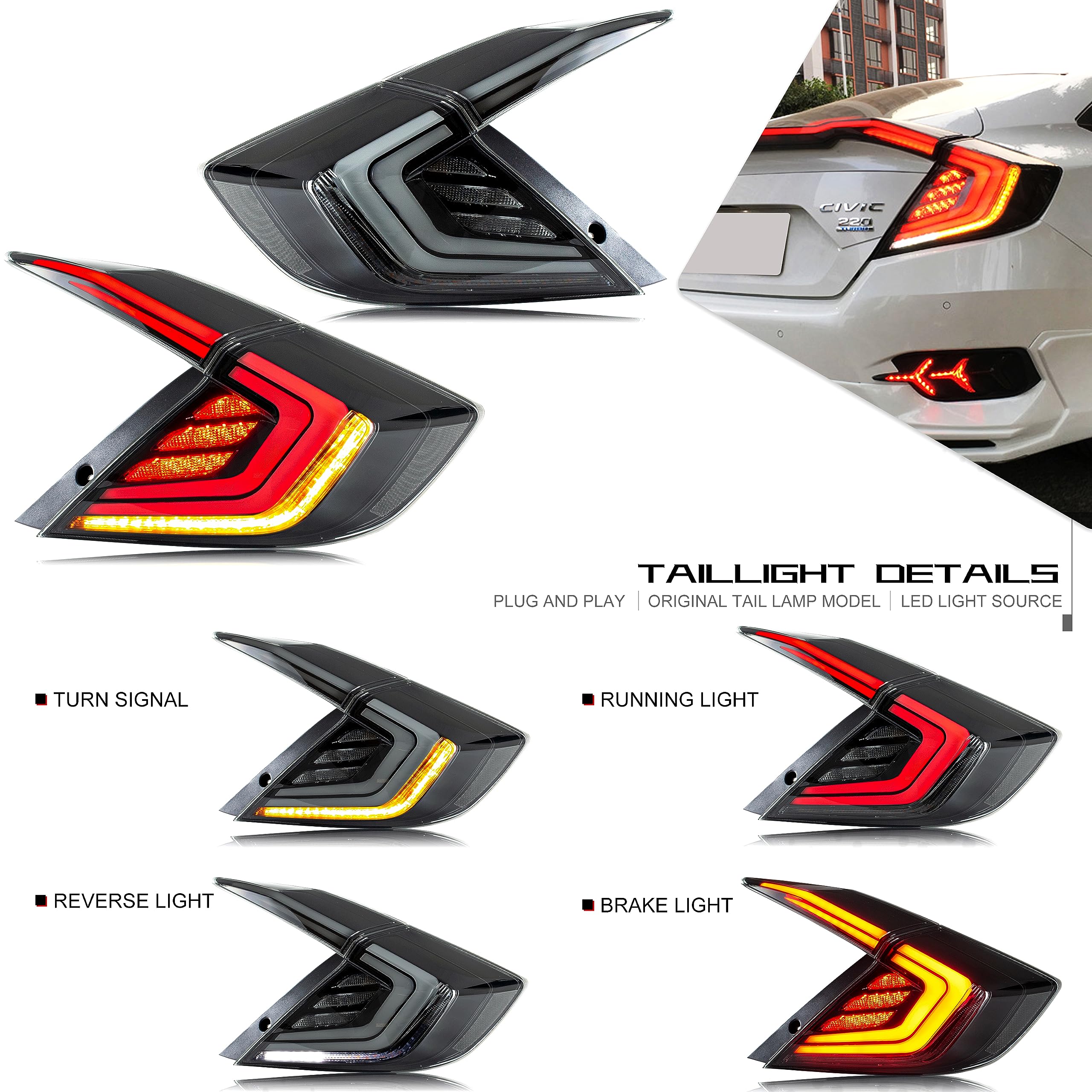 2016-2021 Honda Civic 10th Gen Sedan LED Tail Lights with DRL & Start-Up Animation | Flashing Brake Lights | Not for Hatchback | Upgrade Your Night Driving Safety & Style