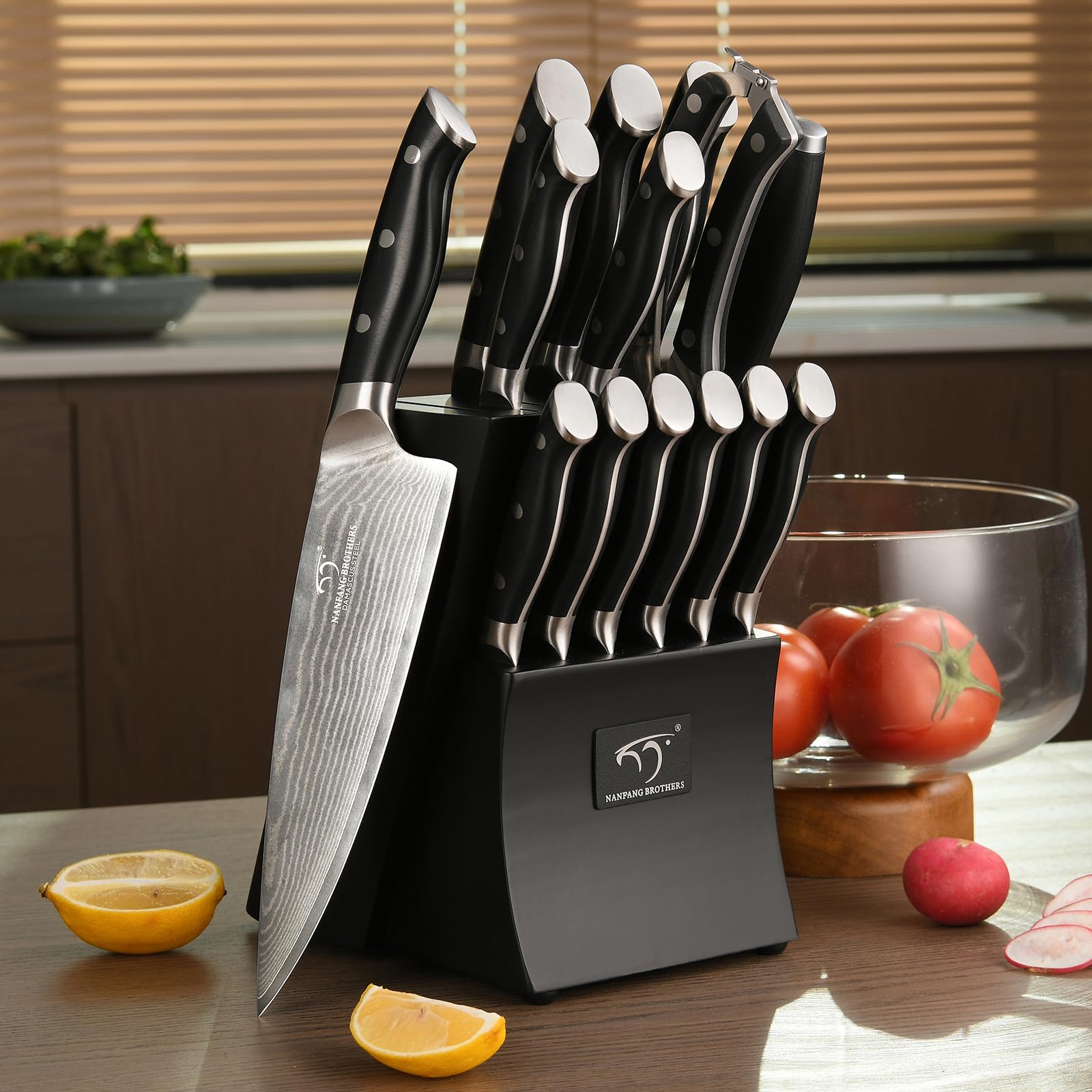 Premium Damascus Steel Kitchen Knife Set - 15-Piece Chef Knife Collection with Wooden Block, Ergonomic ABS Handles, Steak Knives, Knife Sharpener & Shears - Perfect for Home Chefs & Professional Cooking