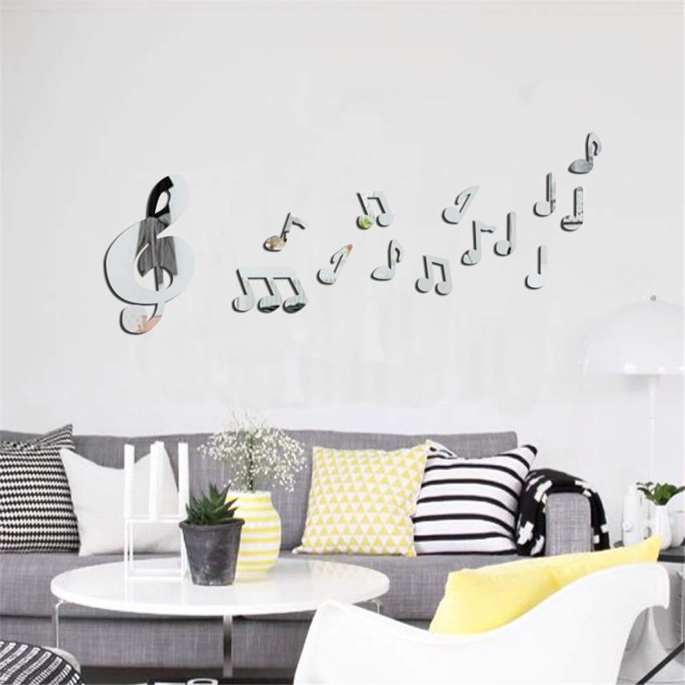 3D Music Note Crystal Reflective DIY Wall Stickers - Acrylic Mirror Effect Decals for Home & Living Room Decor (Silver, 50x90cm) - Perfect for Bedroom, Office & Party Backdrop