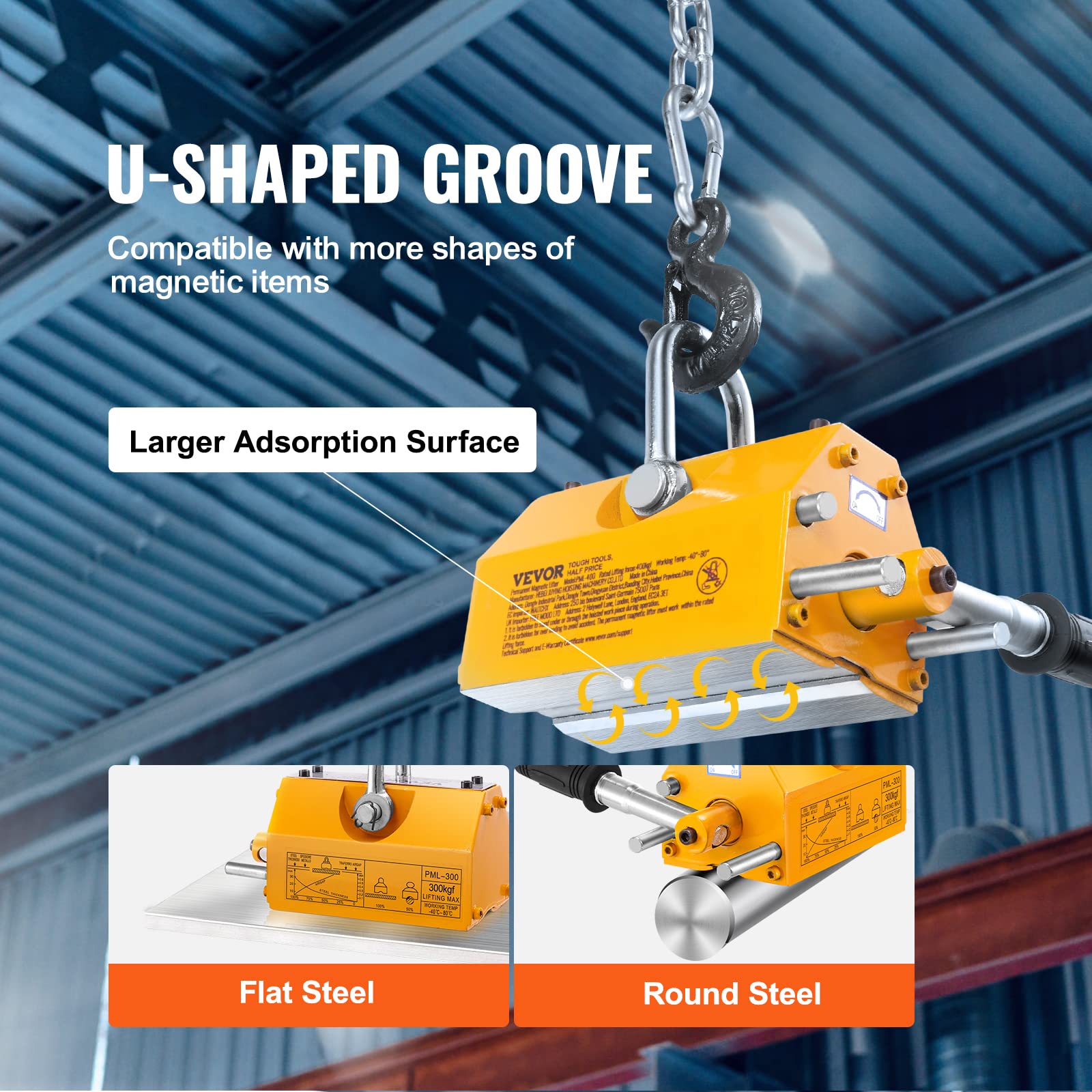 VEVOR 660lbs/300kg Heavy Duty Permanent Magnetic Lifter with Quick Release - Neodymium & Steel Construction for Hoists, Shop Cranes, Steel Blocks & Boards - Ideal for Construction, Manufacturing & Warehouse Lifting Operations