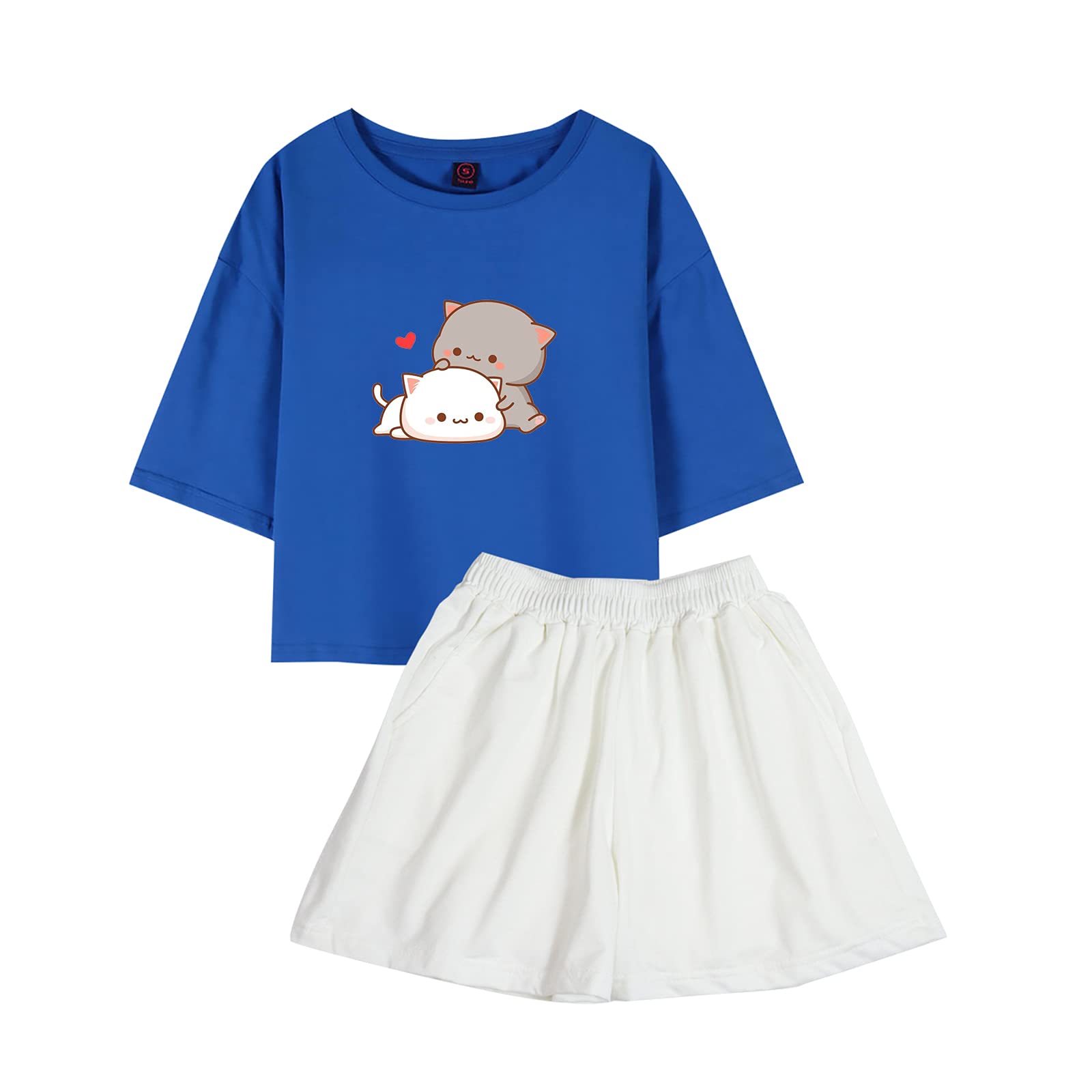 KEEVICI Women's Cute Cat Print Sleepwear Set - Soft Crop Top & Short Pajamas with Pockets | Cozy Lounge Wear for Home, Sleep & Relaxation