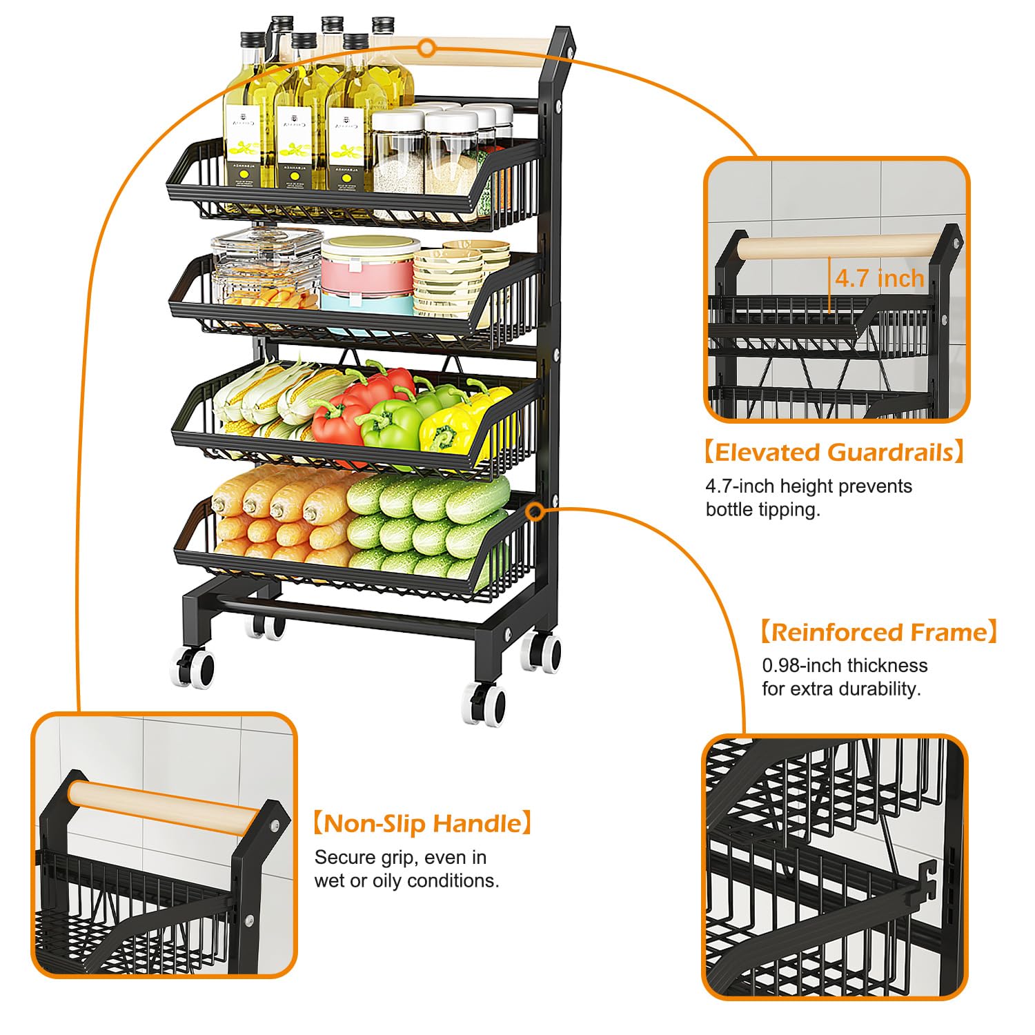 4-Tier Rolling Kitchen Cart with Wheels - Adjustable Metal Wire Storage Rack for Pantry, Fruits & Vegetables - Black Snack Organizer with Wooden Handle for Home, Office & Dorm Use