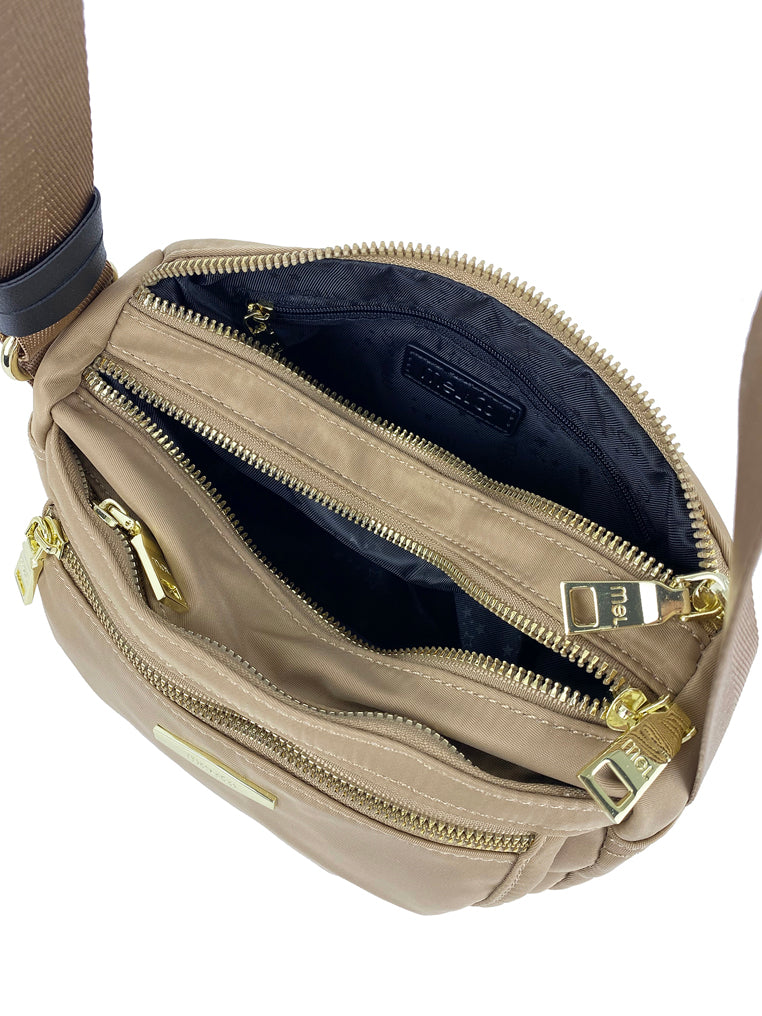 Mel&Co Nylon Double Zip Sling Bag - Waterproof Crossbody Shoulder Bag for Women & Men, Beige - Perfect for Travel, Hiking, and Everyday Use