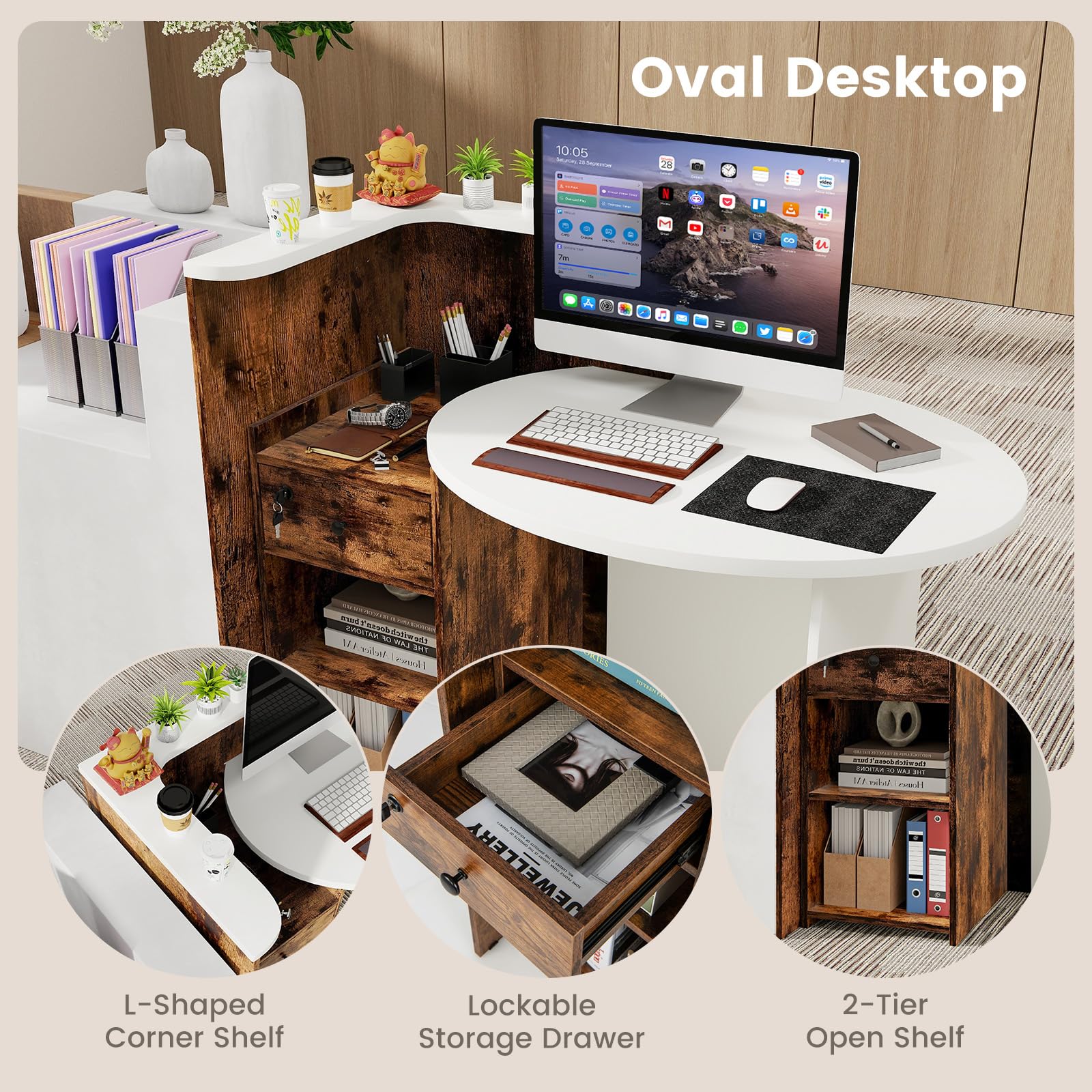 Wooden Reception Desk with Lockable Drawer & Open Shelves - Small Retail Checkout Counter for Store, Office, Lobby or Salon - Oval Desktop & L-Shaped Design in White & Brown - Perfect for Customer Service Areas, Waiting Rooms & Business Front Desks