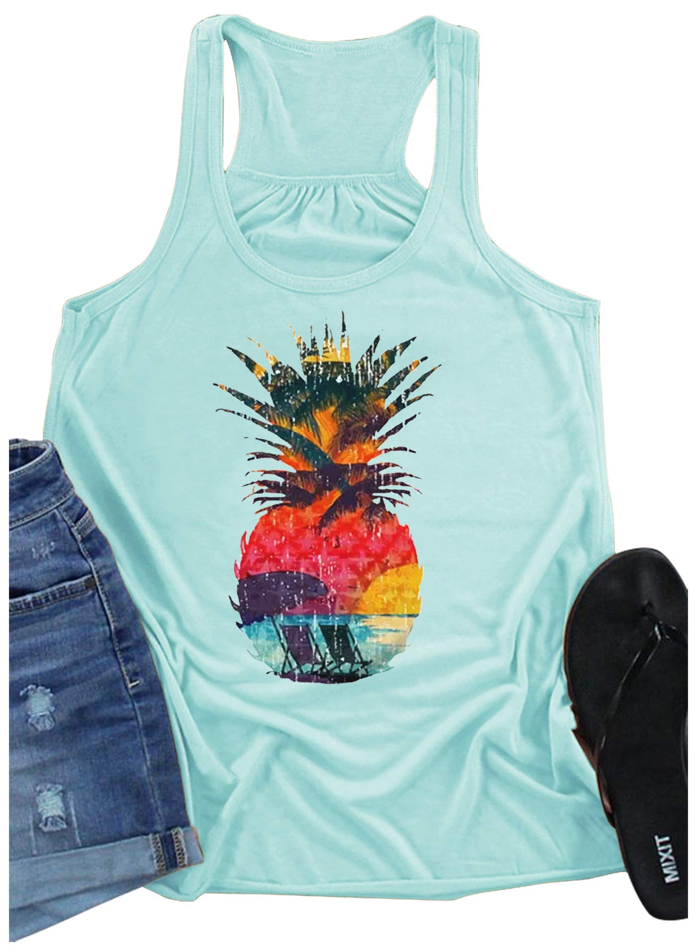 Women's Summer Pineapple Beach Tank Top - Funny Colorful Racerback Cami for Teen Girls | Hawaiian Vacation, Pool Party, Beach Outfit