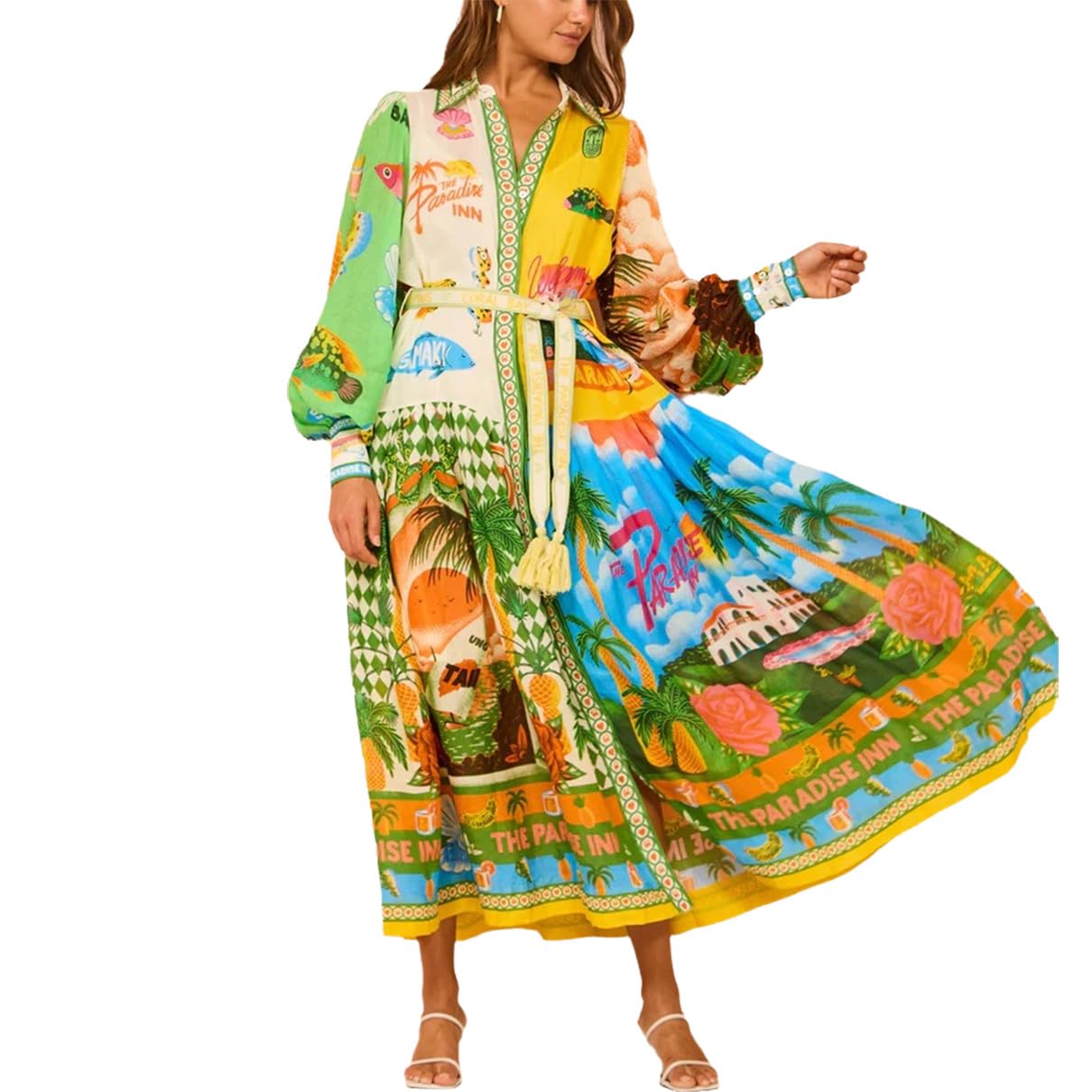 Women's Casual Loose Maxi Dress - Trendy Color Block Long Sleeve Shirt Dress Flowing Hawaiian Beach Dress for Summer Vacation, Party & Outdoor Activities
