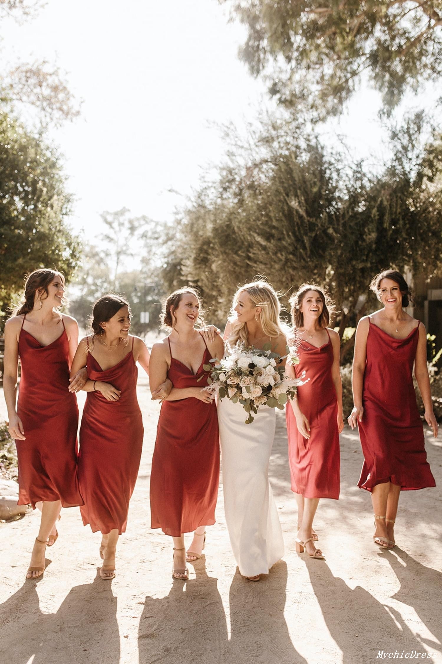 Hot Rust Simple Satin Bridesmaid Dresses - Short Spaghetti Straps A-Line Wedding Party Gowns for Bridesmaids, Maid of Honor, Formal Occasions & Special Events