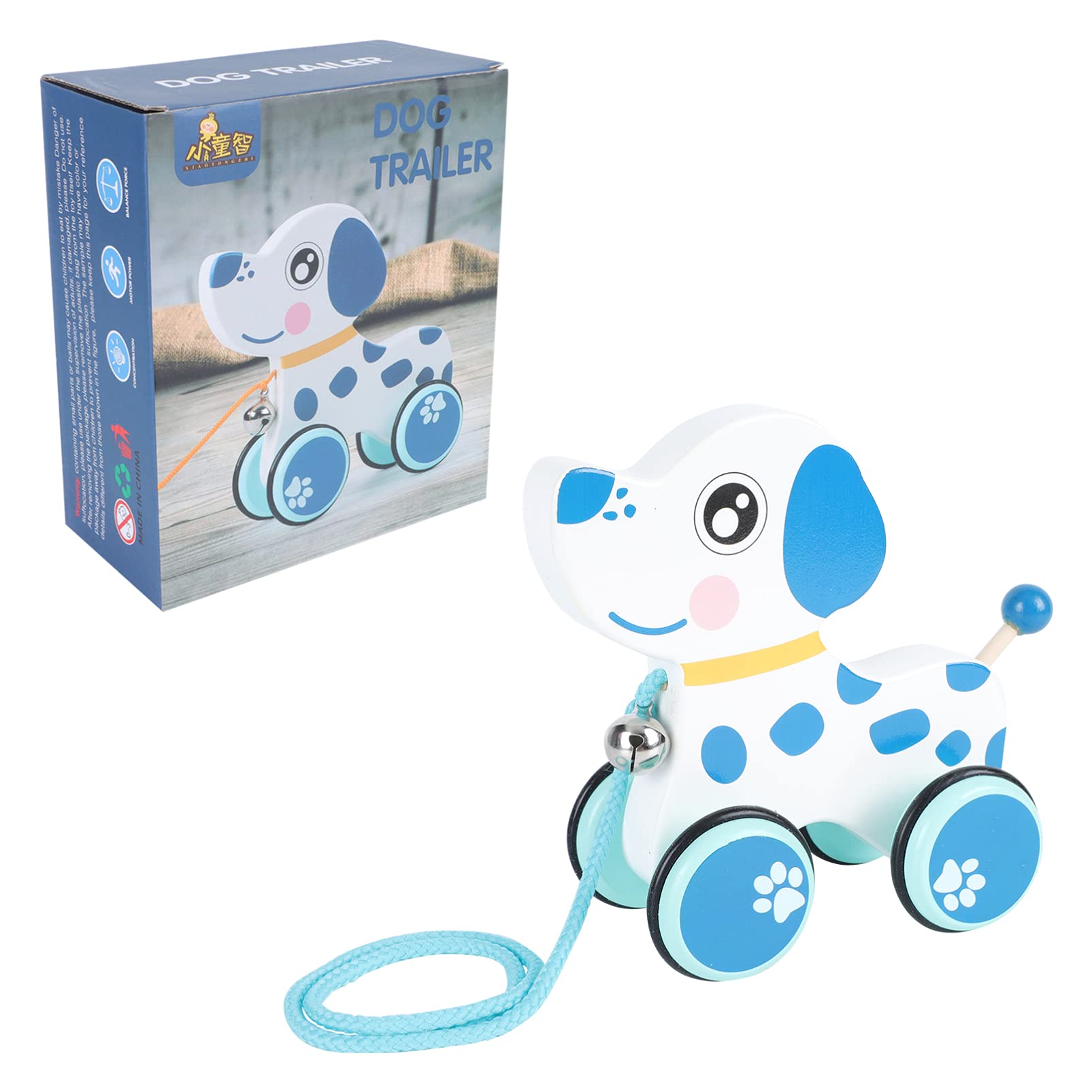 TOYANDONA Wooden Pull Along Puppy Toy - Educational Baby Pull Toy for Toddlers & Kids - Blue & White - Perfect for Early Learning & Playtime Fun