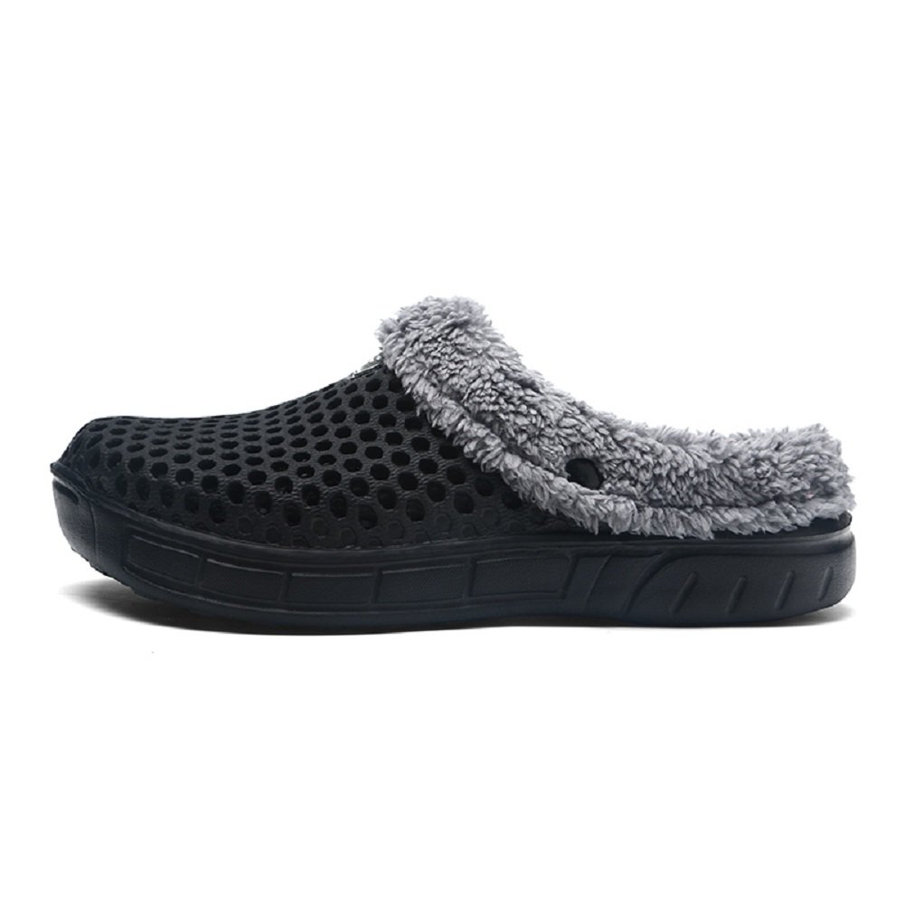 QISHENG Men's & Women's Fur-Lined Mules Clogs - Slip On Garden Shoes, Warm Winter Slippers with Non-Slip Sole - Perfect for Indoor/Outdoor Use at Home, Yard, Beach & Poolside (Black)