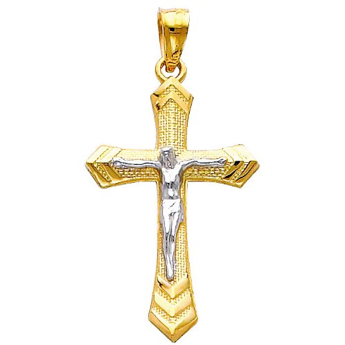 14K Two-Tone Gold Jesus Cross Religious Pendant with 1.2mm Singapore Chain Necklace - Elegant Christian Jewelry for Women & Men - Perfect for Baptism, Confirmation & Daily Wear