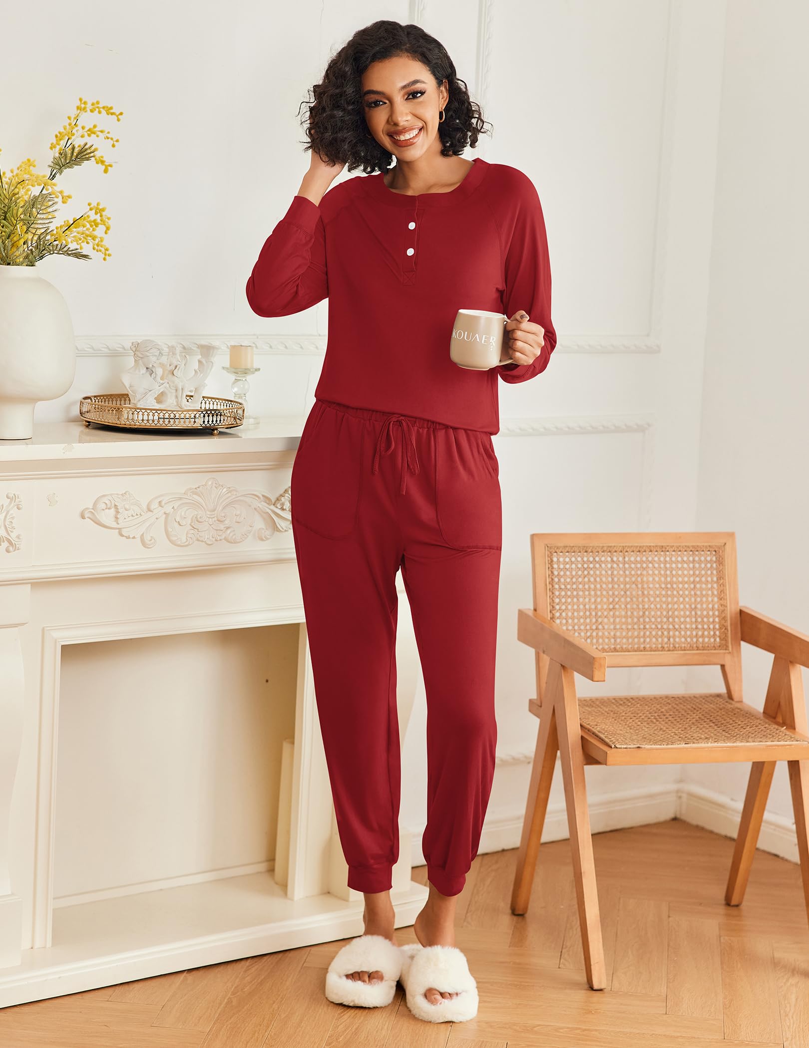 Ekouaer Women's Long Sleeve Pajama Set - Soft 2-Piece Jogger Lounge Wear with Pockets (S-XXL) | Cozy Sleepwear & Comfortable Loungewear for Relaxing at Home, Travel, and Nighttime Comfort