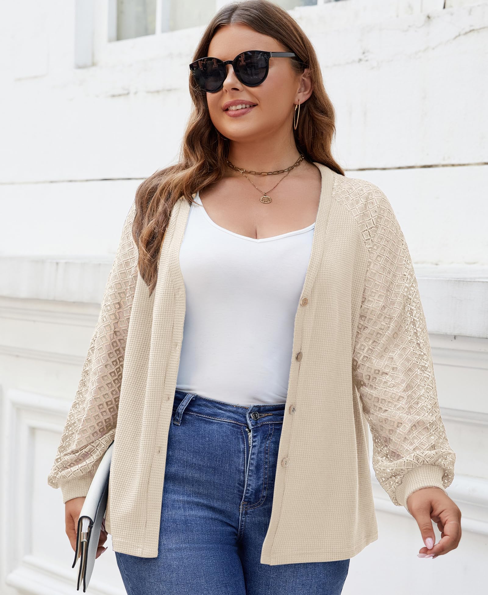 Plus Size Women's Lace Long Sleeve Button Down Cardigan - Soft Lightweight Waffle Knit Sweater for Casual Wear, Office & Fall Layering