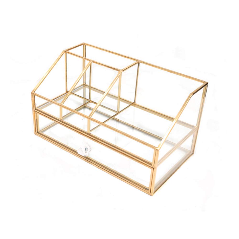 Clear Glass & Brass Metal Cosmetic Organizer - Lipstick Storage Case, Makeup Display Box for Countertop | Bathroom Vanity & Dresser Organizer | Perfect for Cosmetics, Perfumes, and Jewelry Storage