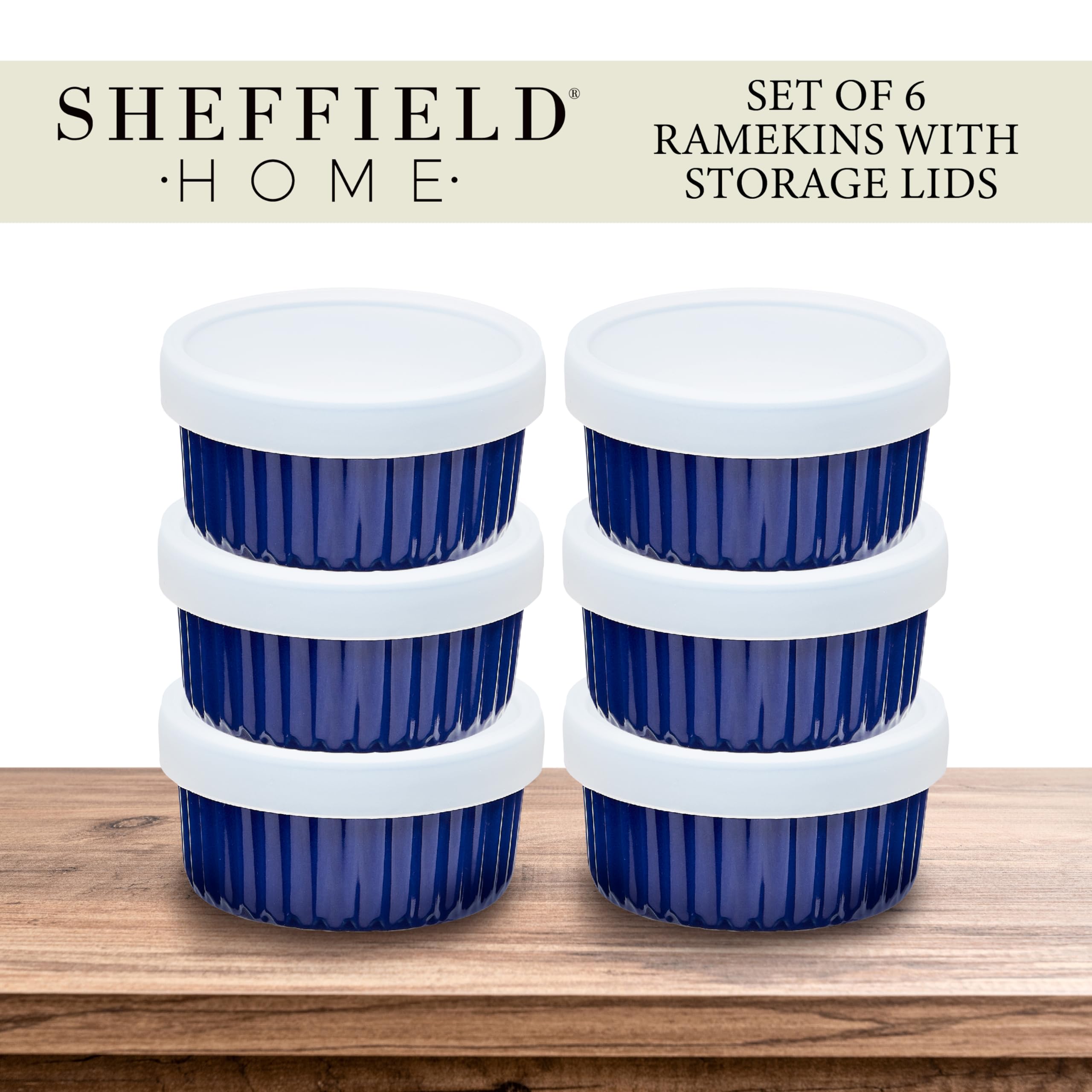 Sheffield Home 6-Piece Ceramic Ramekin Set (8oz) - Oven, Microwave & Dishwasher Safe Bowls with Silicone Lids - Perfect for Baking Creme Brulee, Souffle, Pudding & Desserts - Blue Kitchen Essentials for Home Bakers & Cooking Enthusiasts
