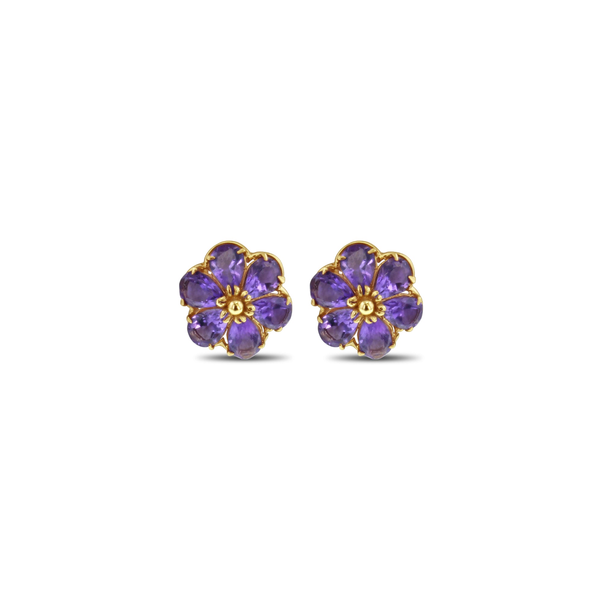 14k Yellow Gold Amethyst Flower Stud Earrings – Elegant Jewelry for Women, Perfect for Weddings, Parties & Daily Wear