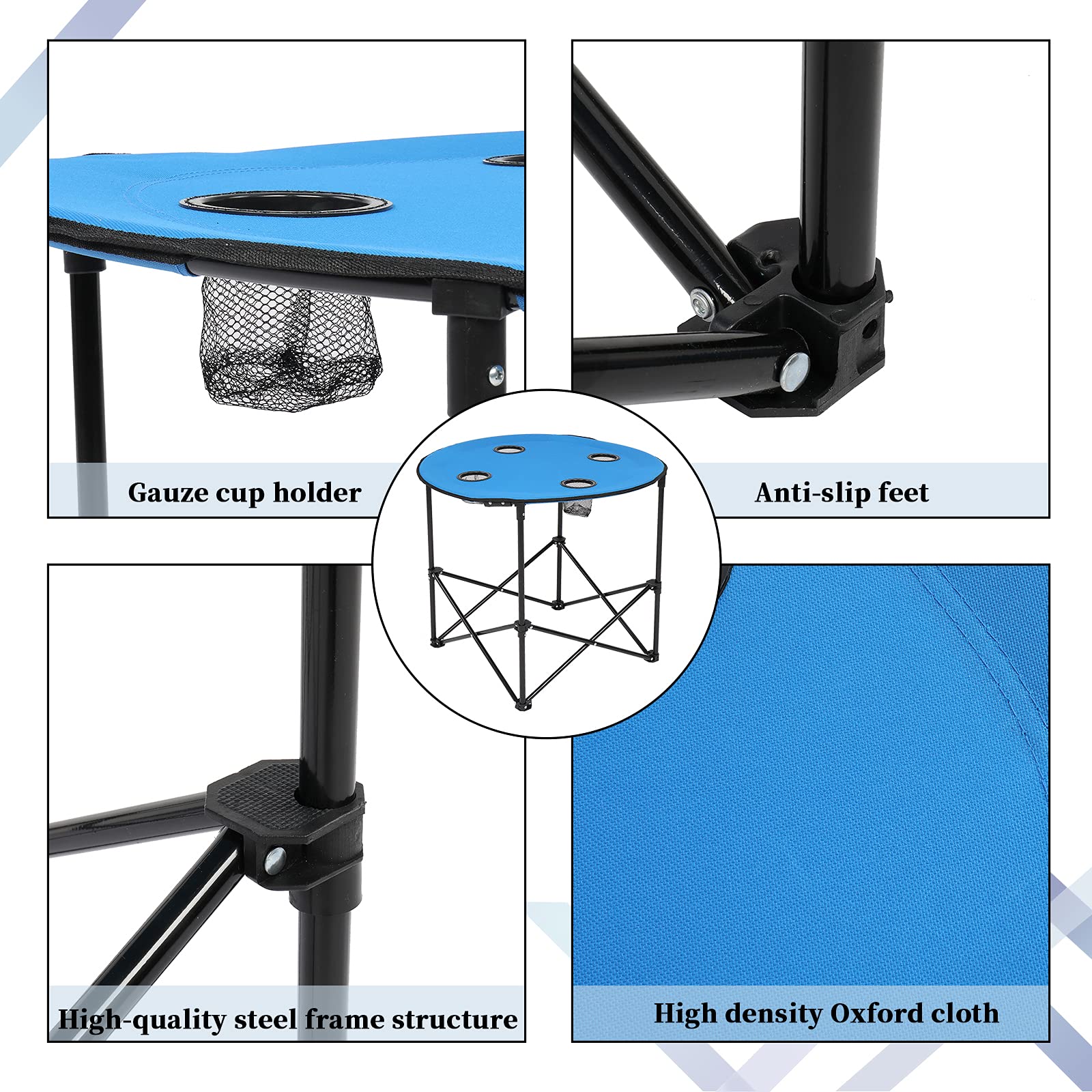 Heavy Duty Oxford Cloth Steel Round Folding Table - Portable Outdoor Camping Table with 4 Cup Holders for Beach, Lawn, Travel & Picnics | Perfect for Backyard BBQs, Tailgating & RV Adventures