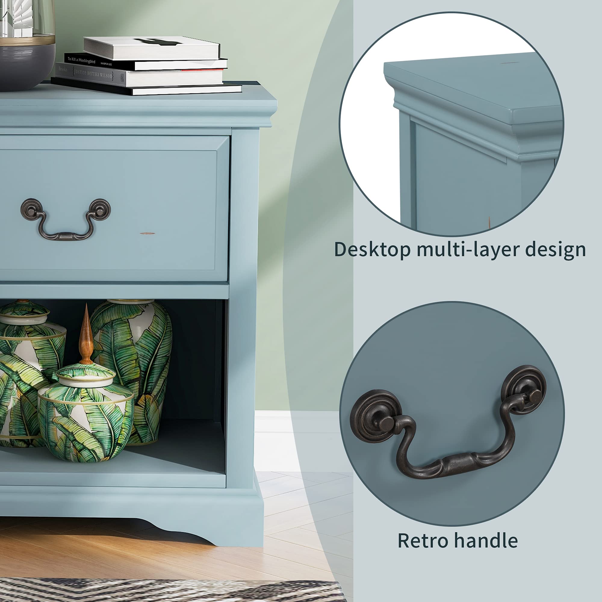Solid Wood End Table Nightstand with Drawer & Shelf - Rustic Retro Storage Side Table for Living Room & Bedroom - Traditional Design Bedside Table for Small Spaces (Blue) - Perfect for Reading Nook, Guest Room & Apartment Decor