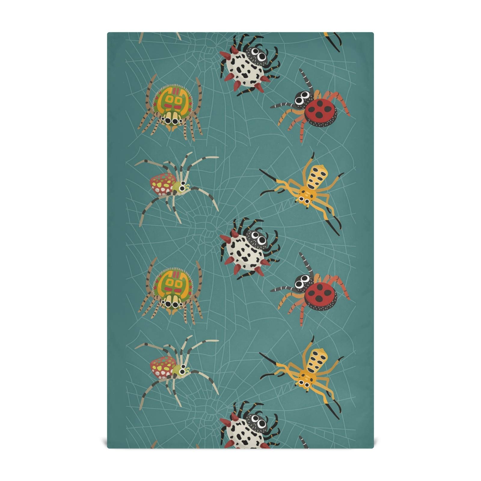 Colorful Spiders on Spider Web Green Polyester Kitchen Dish Towel Set of 1 - Waffle Dishcloths, Hemmed Napkin Towel, Hand & Bar Tea Towels with Hanging Loop - Perfect for Halloween Decor, Kitchen Cleaning & Holiday Gift