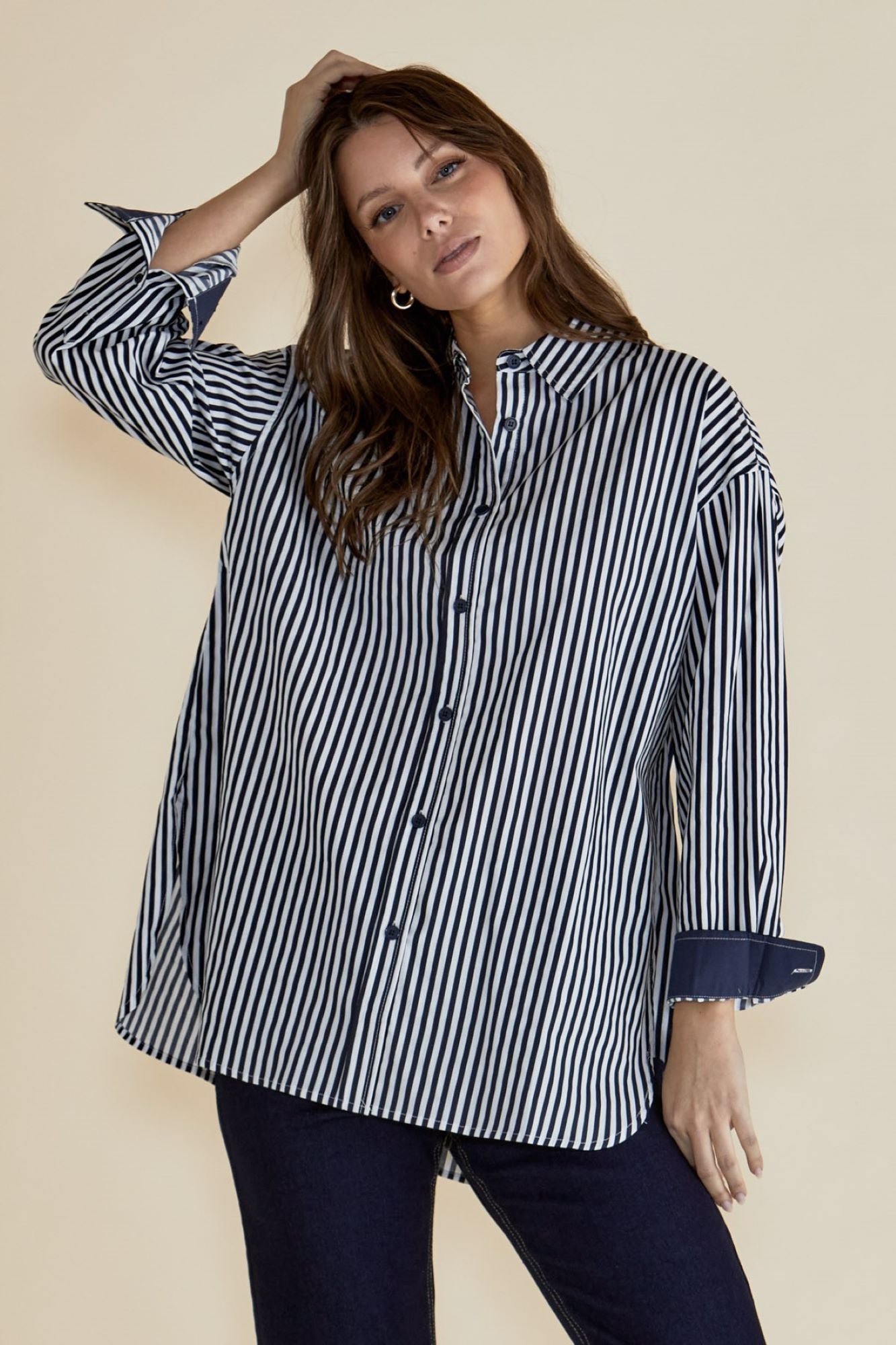 Betty Basics Claire Classic Women's Long Sleeve Button Down Shirt - Navy Blue & White Striped Business Casual Top for Office Work & Everyday Wear