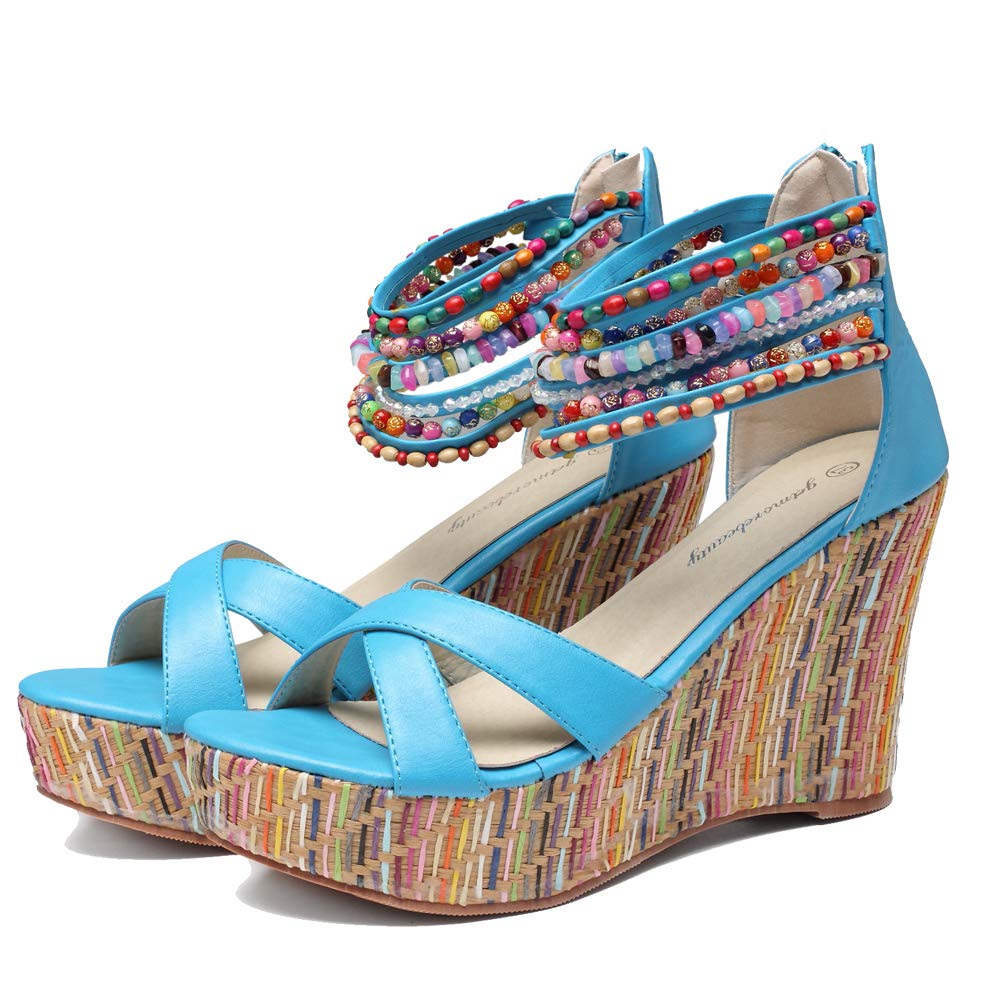 Getmorebeauty Women's Pearl Embellished Wedge Sandals - Comfortable Platform High Heels for Summer, Beach, and Casual Outings