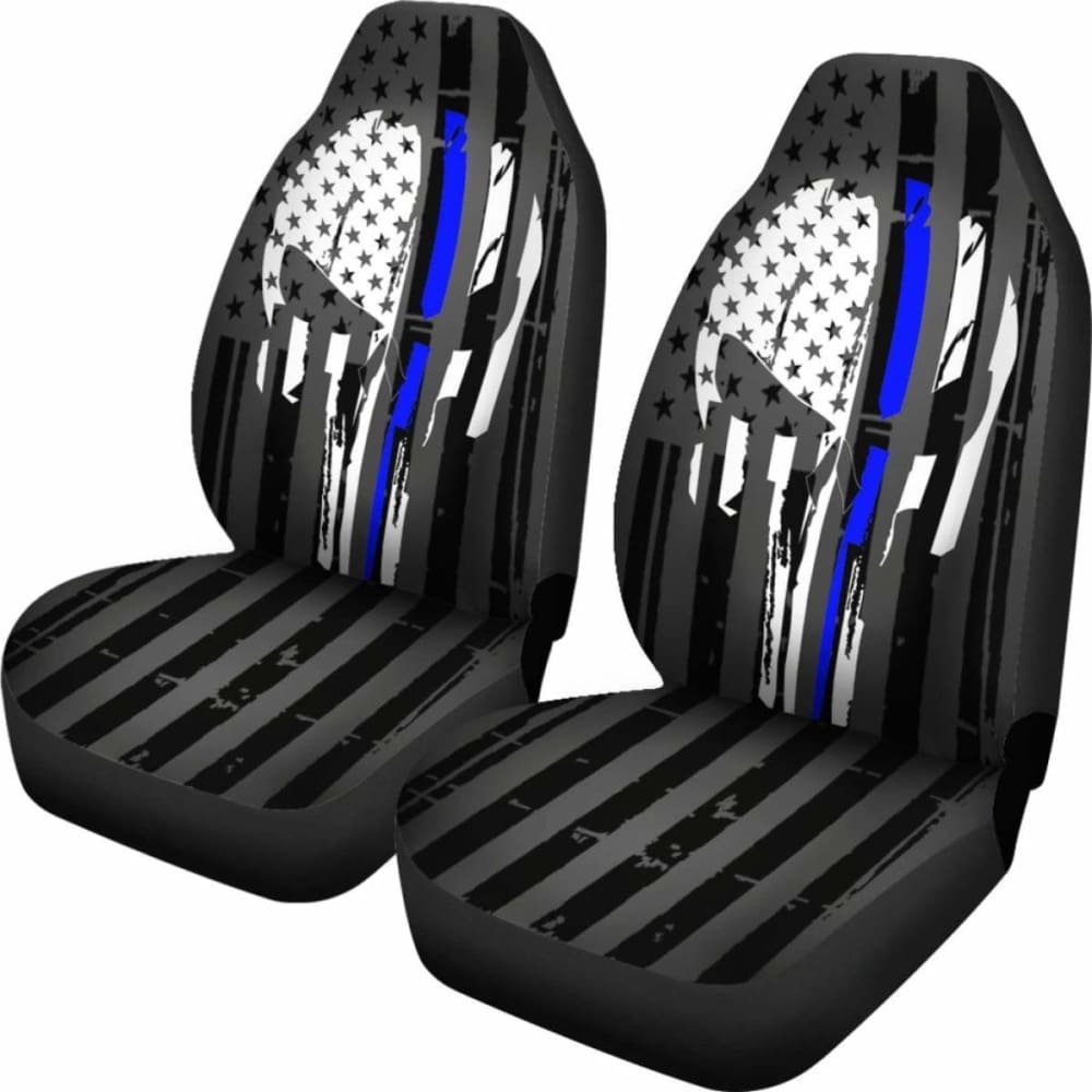 Punisher Inspired Blue Line Car Seat Covers Set of 2 - Durable & Stylish Seat Protectors for Trucks, SUVs & Police Vehicles - Perfect for Law Enforcement Supporters & Patriotic Drivers